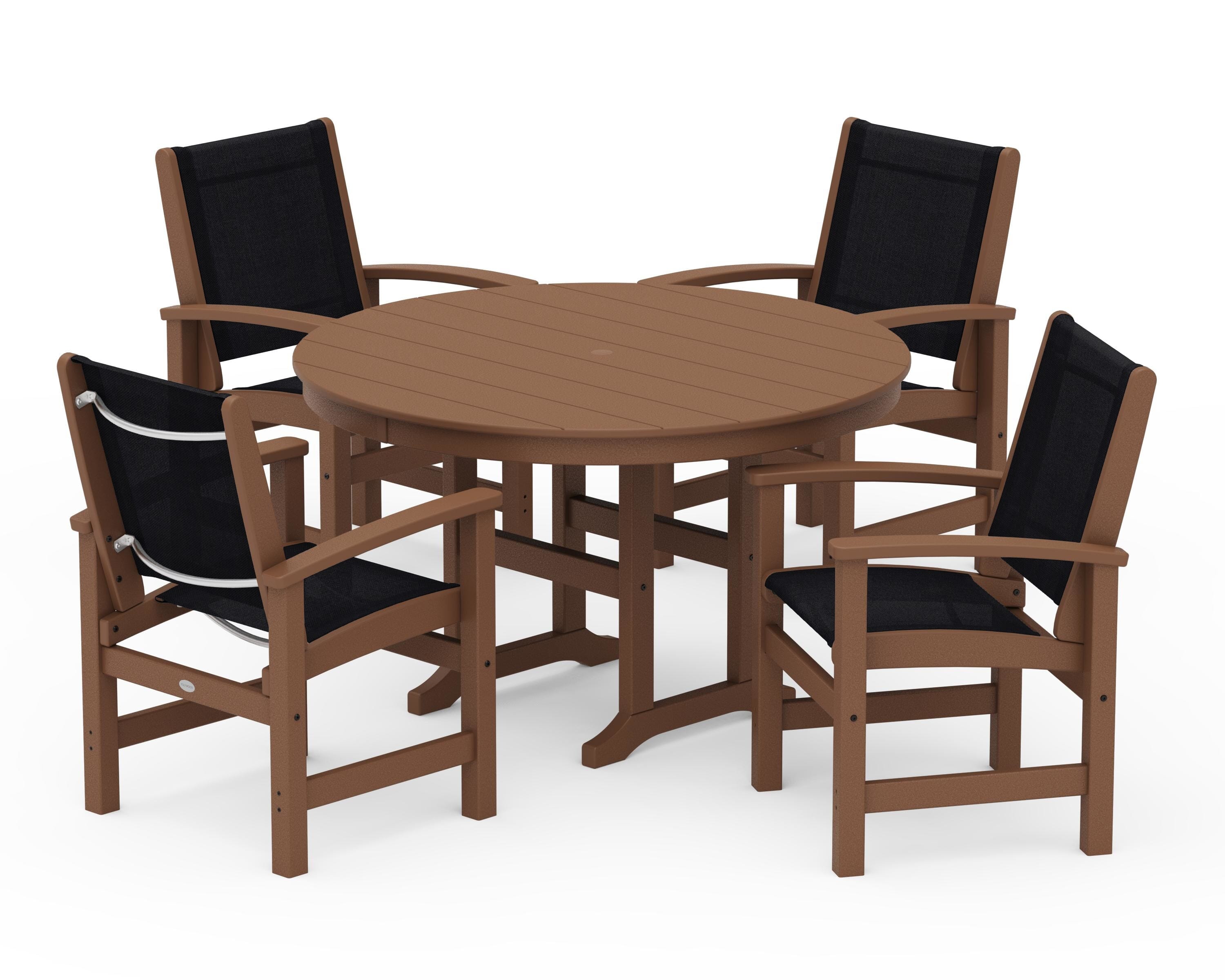 POLYWOOD Coastal 5-Piece Round Farmhouse Dining Set in Teak / Black Sling