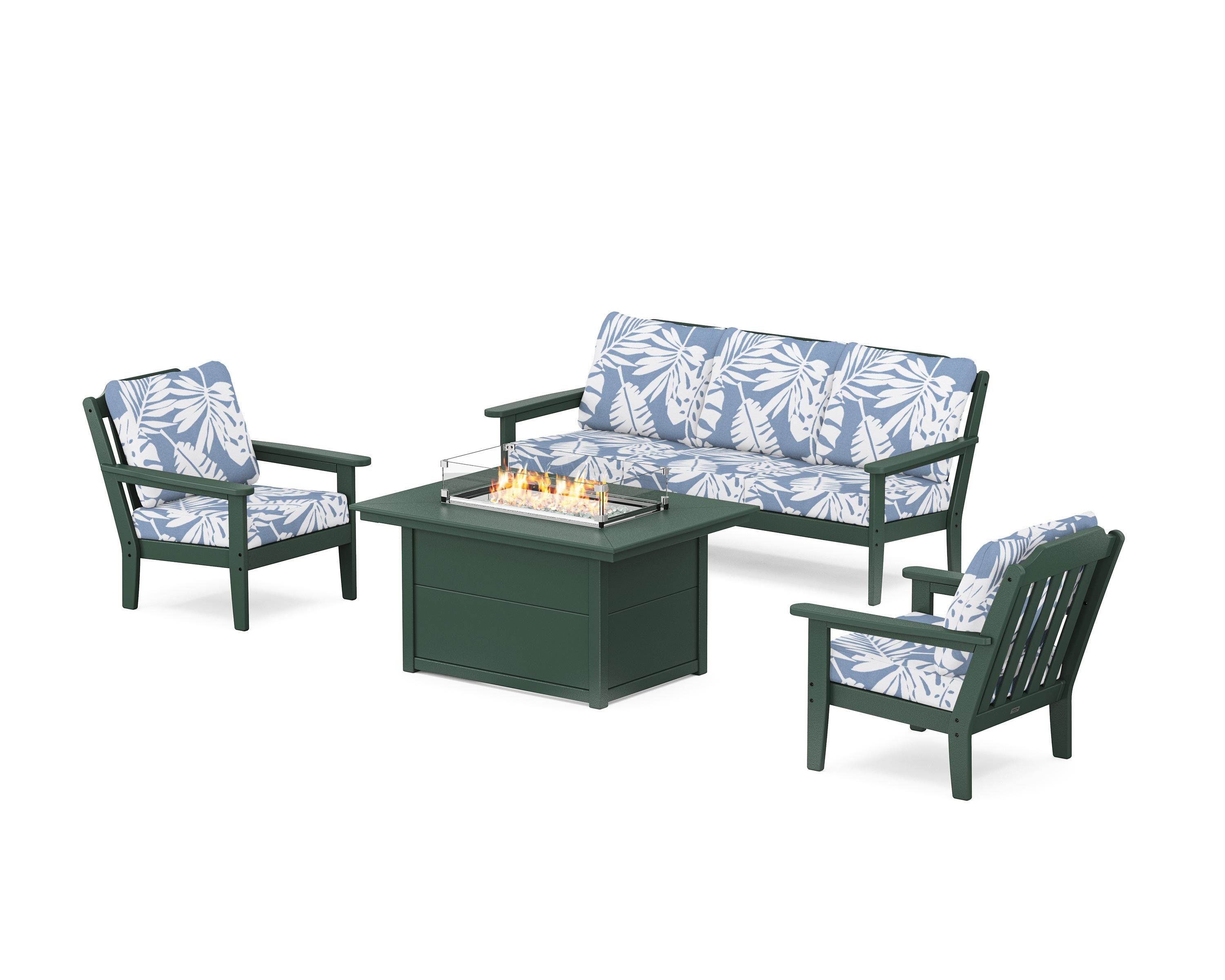 Country Living Cottage Deep Seating Fire Pit Table Set in Green / Leaf Sky Blue