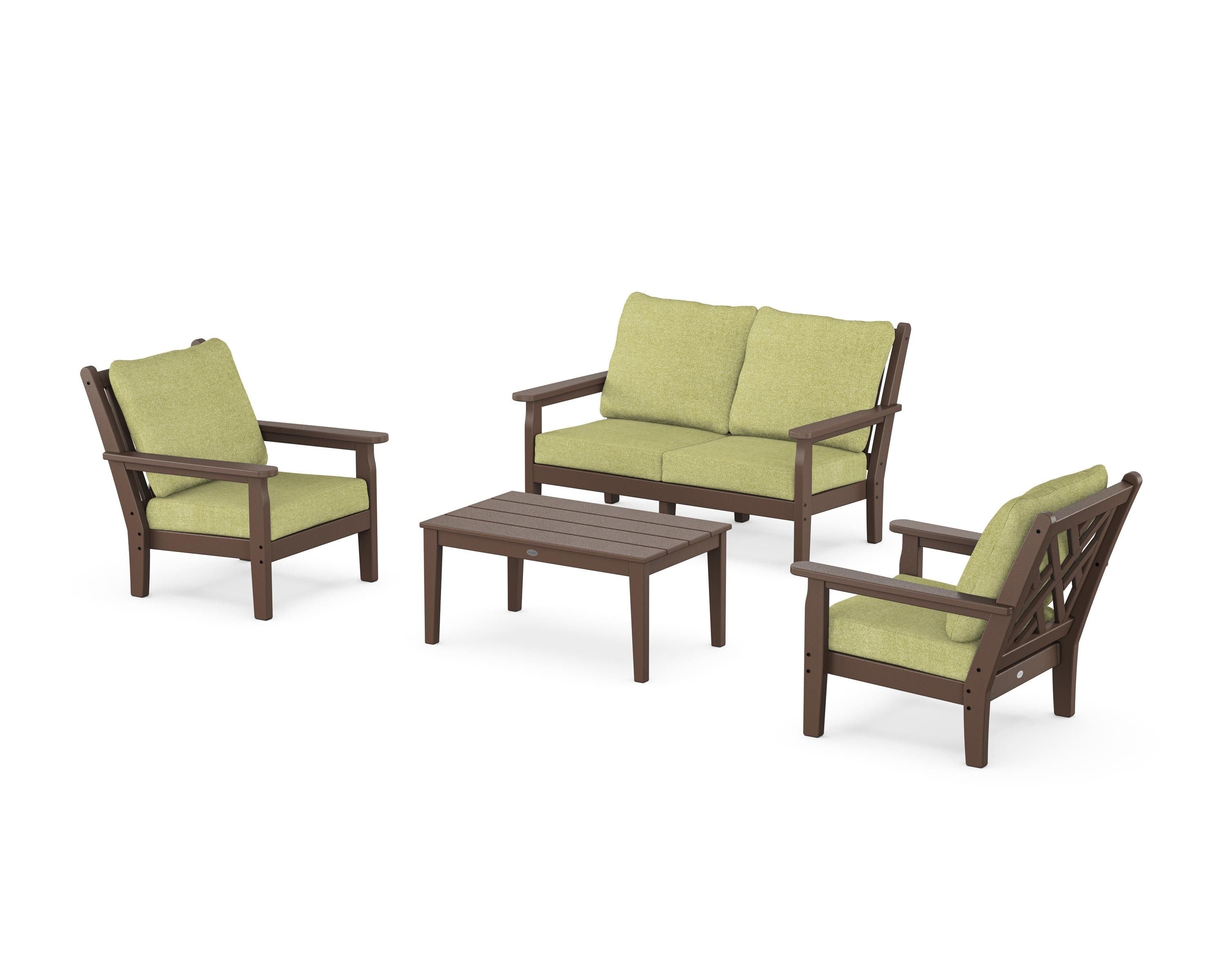 POLYWOOD Chippendale 4-Piece Deep Seating Set with Loveseat in Mahogany / Chartreuse Boucle