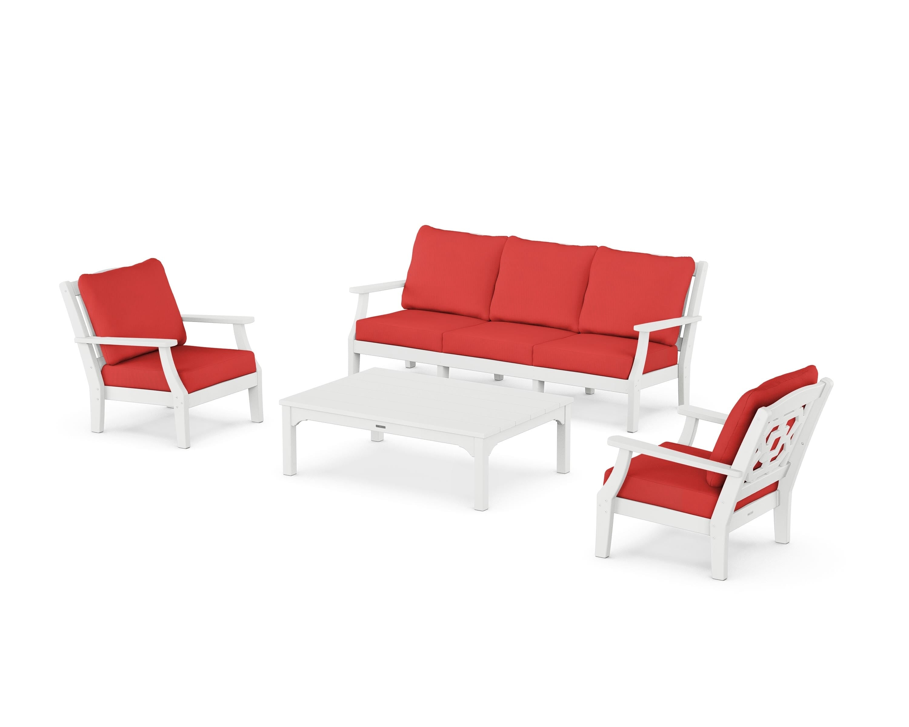 Martha Stewart by POLYWOOD Chinoiserie 4-Piece Deep Seating Set with Sofa in White / Crimson Linen