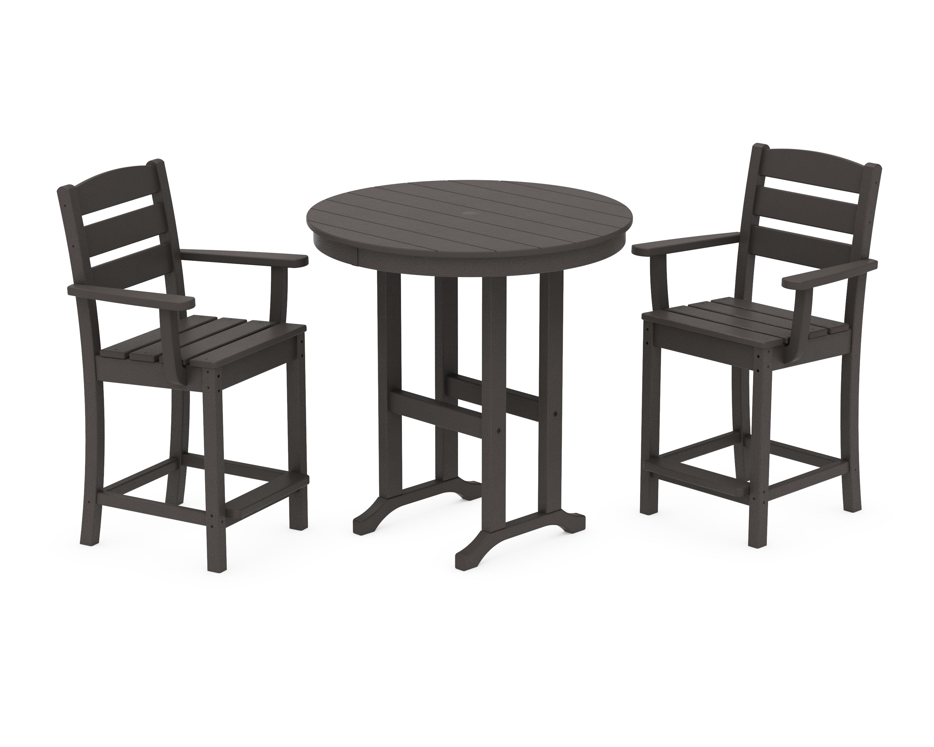 POLYWOOD Lakeside 3-Piece Round Farmhouse Arm Chair Counter  Set in Vintage Coffee