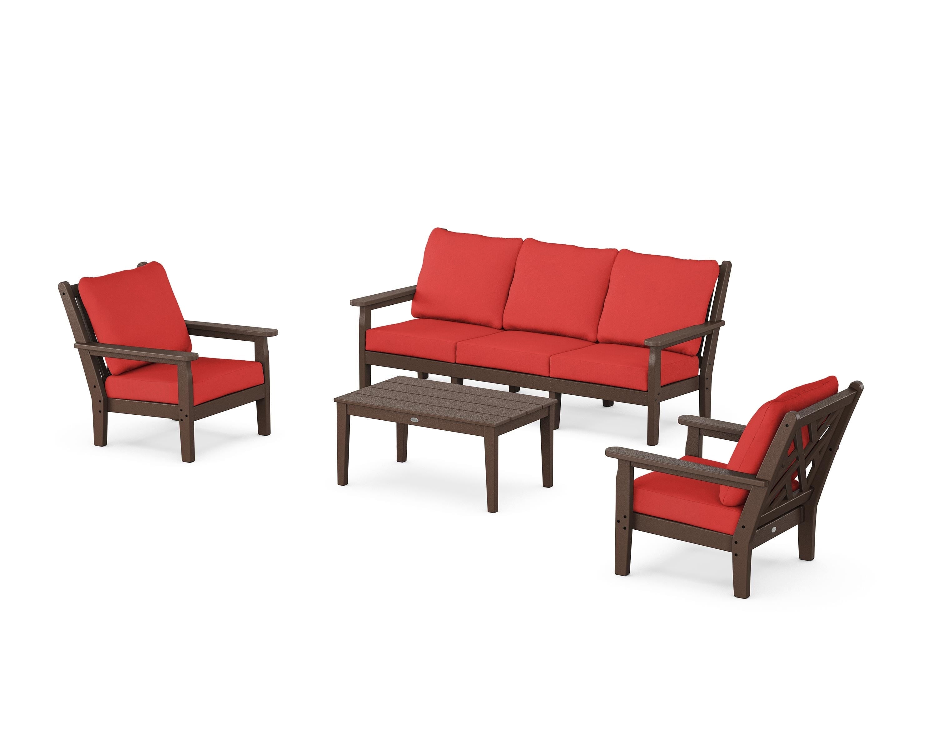 POLYWOOD Chippendale 4-Piece Deep Seating Set with Sofa in Mahogany / Crimson Linen