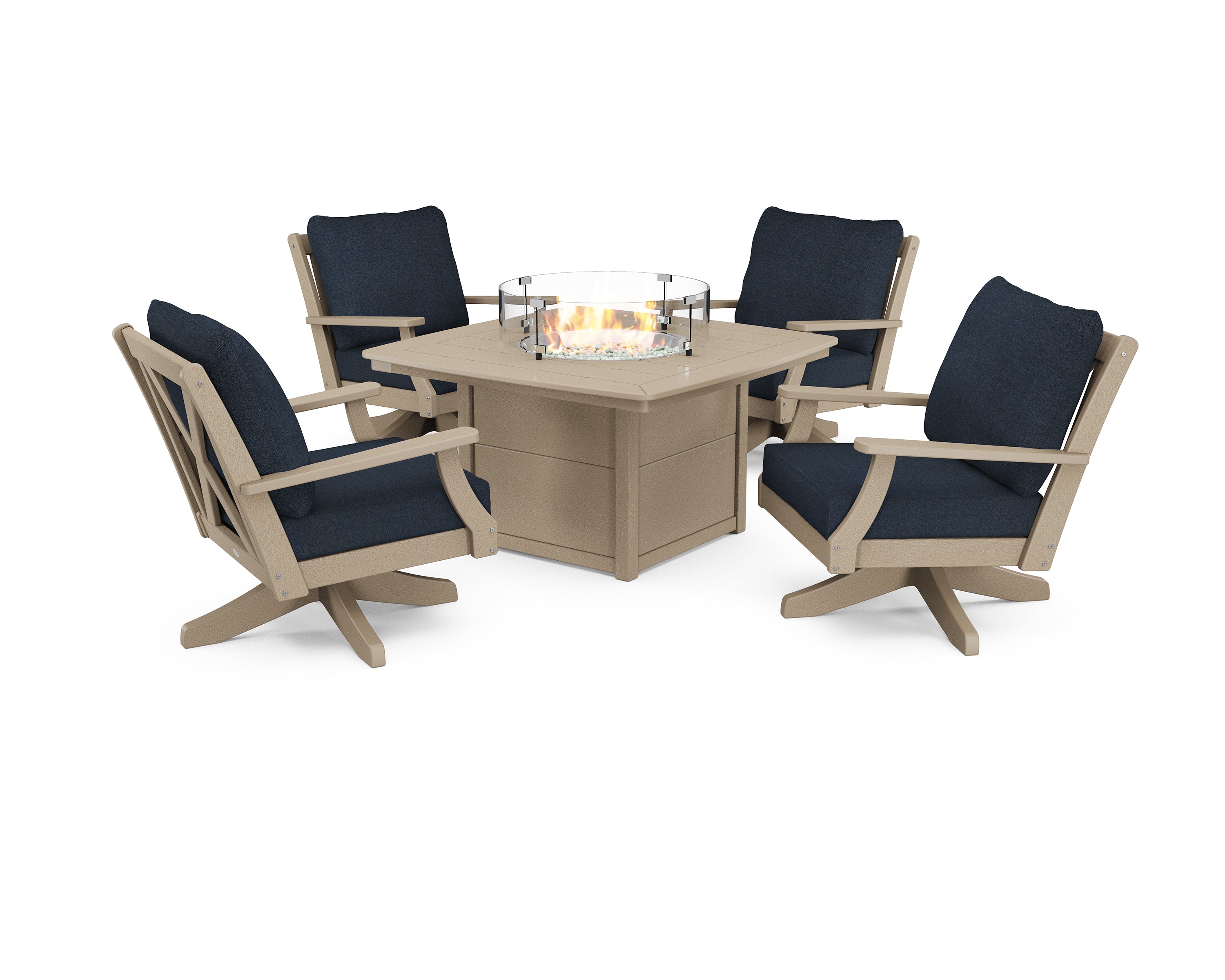 POLYWOOD Braxton 5-Piece Deep Seating Swivel Conversation Set with Fire Pit Table in Vintage Sahara / Marine Indigo