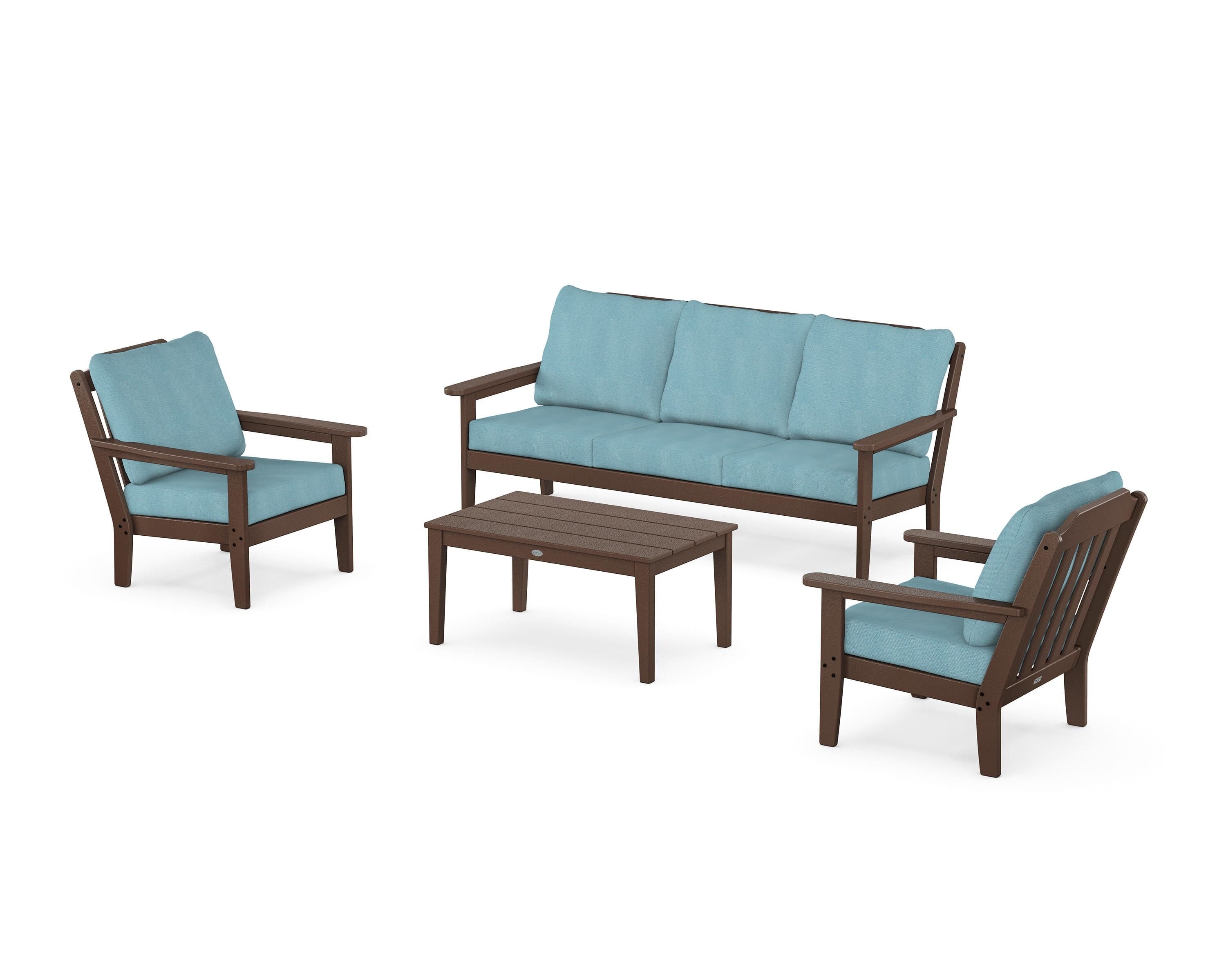 Country Living Cottage 4-Piece Deep Seating Set with Sofa in Mahogany / Lattice Sky Blue