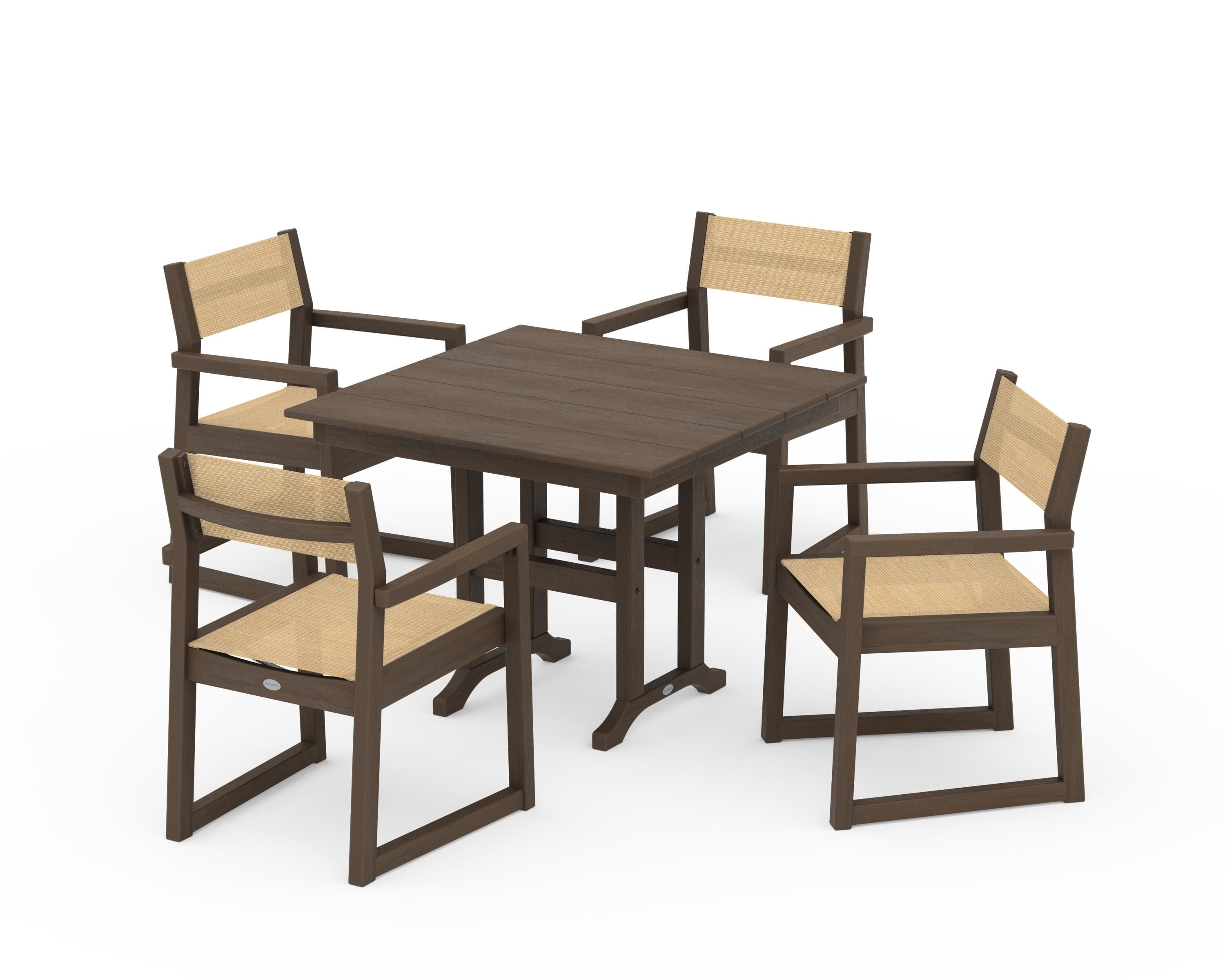 POLYWOOD EDGE Sling Arm Chair 5-Piece Farmhouse Dining Set in Kona / Dupioni Apricot Sling