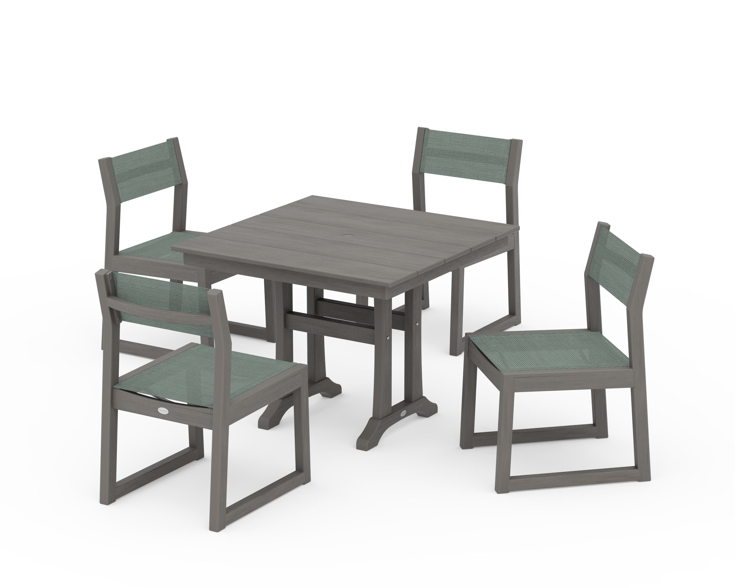 POLYWOOD EDGE Sling 5-Piece Farmhouse Trestle Side Chair Dining Set in Driftwood / Dupioni Sea Mist Sling