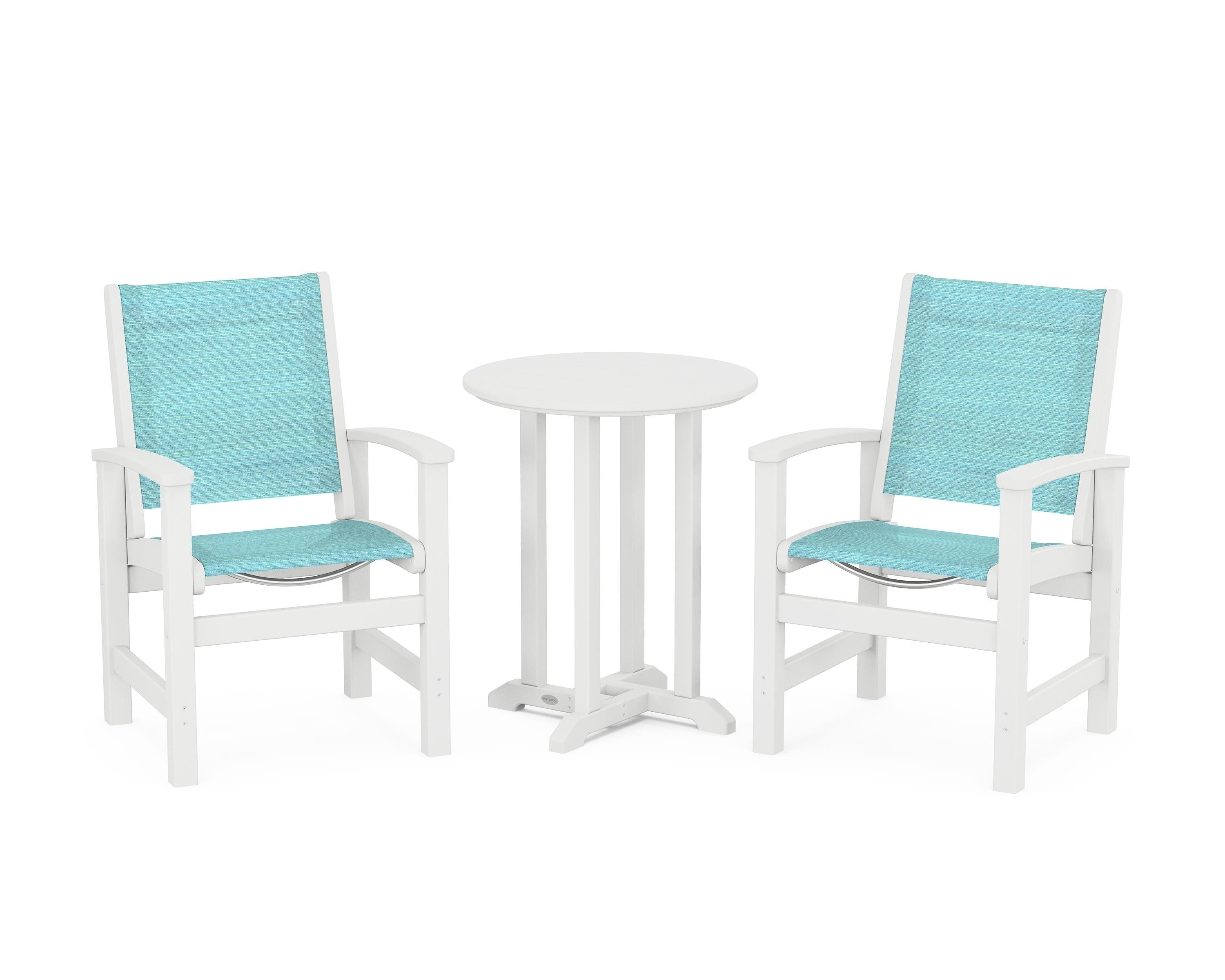 POLYWOOD Coastal 3-Piece Round Bistro Dining Set in White / Dupioni Aquamarine Sling