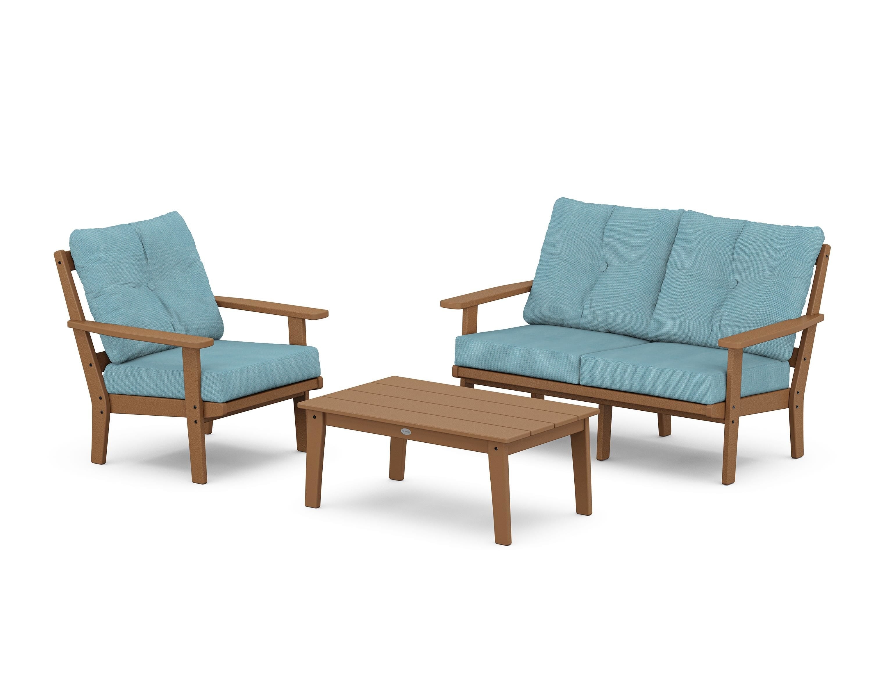 POLYWOOD Oxford 3-Piece Deep Seating Set with Loveseat in Teak / Lattice Sky Blue