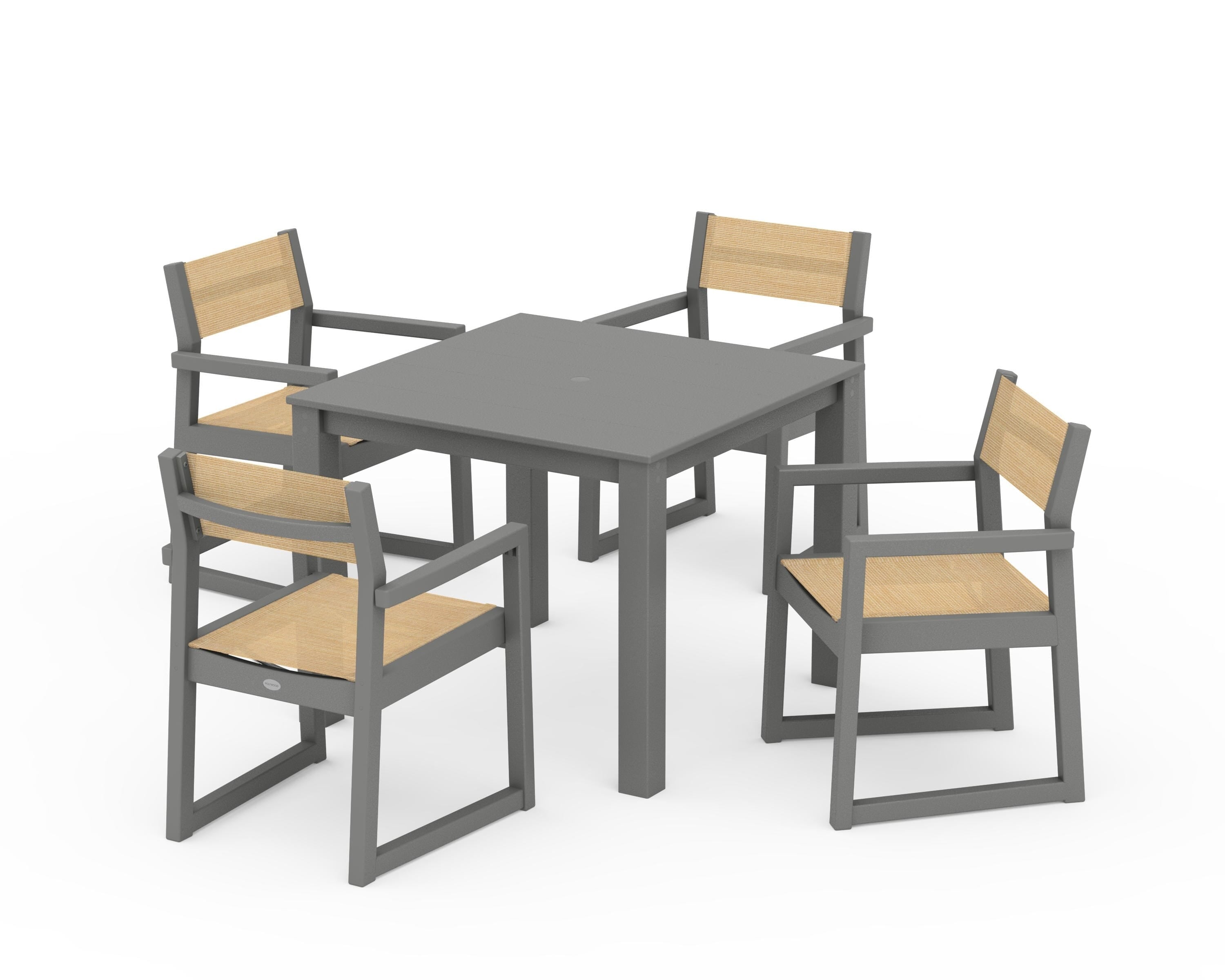 POLYWOOD EDGE Sling Arm Chair 5-Piece Parsons Dining Set in Slate Grey / Dupioni Apricot Sling