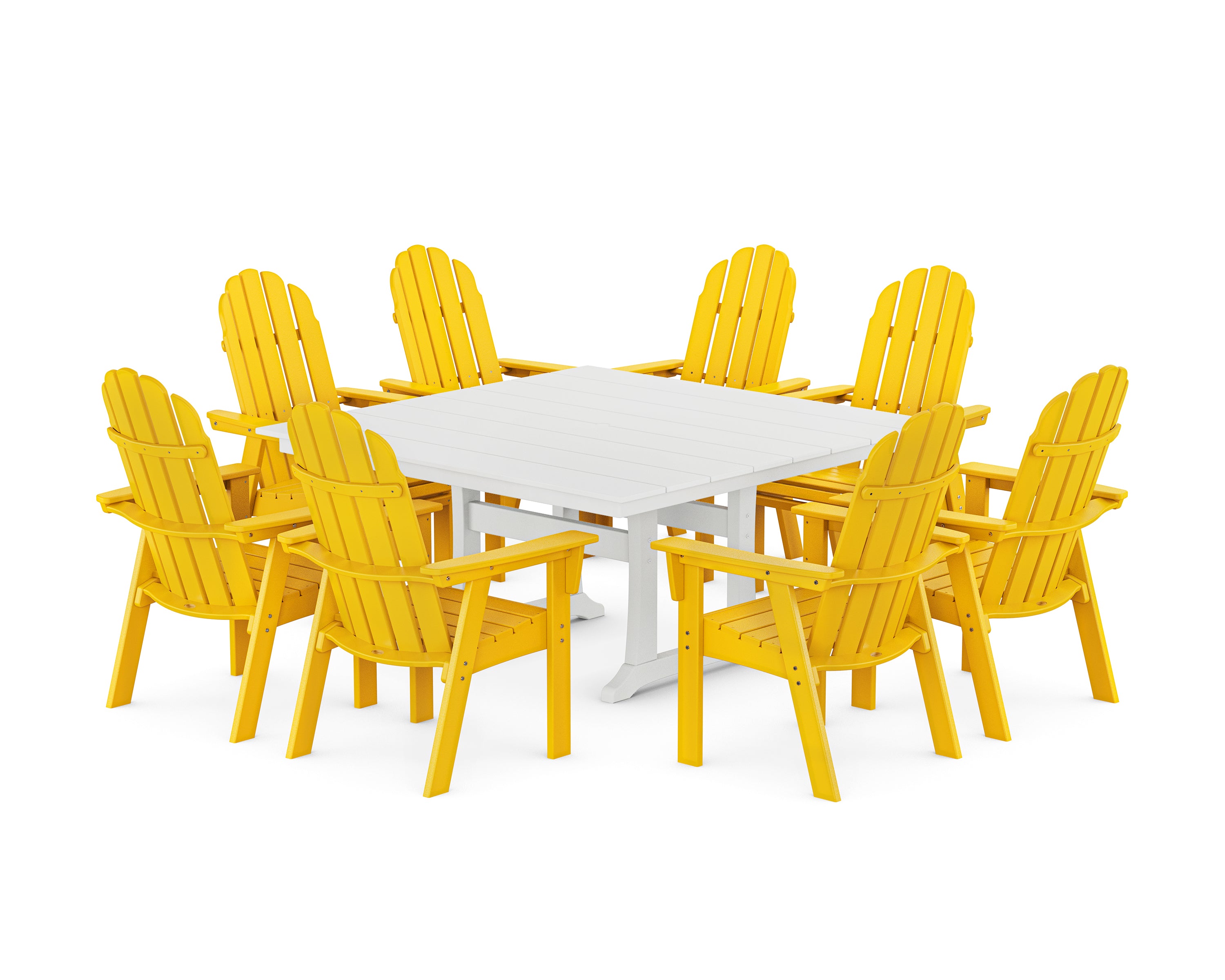 POLYWOOD Vineyard Curveback Adirondack 9-Piece Square Farmhouse Dining Set with Trestle Legs in Lemon / White
