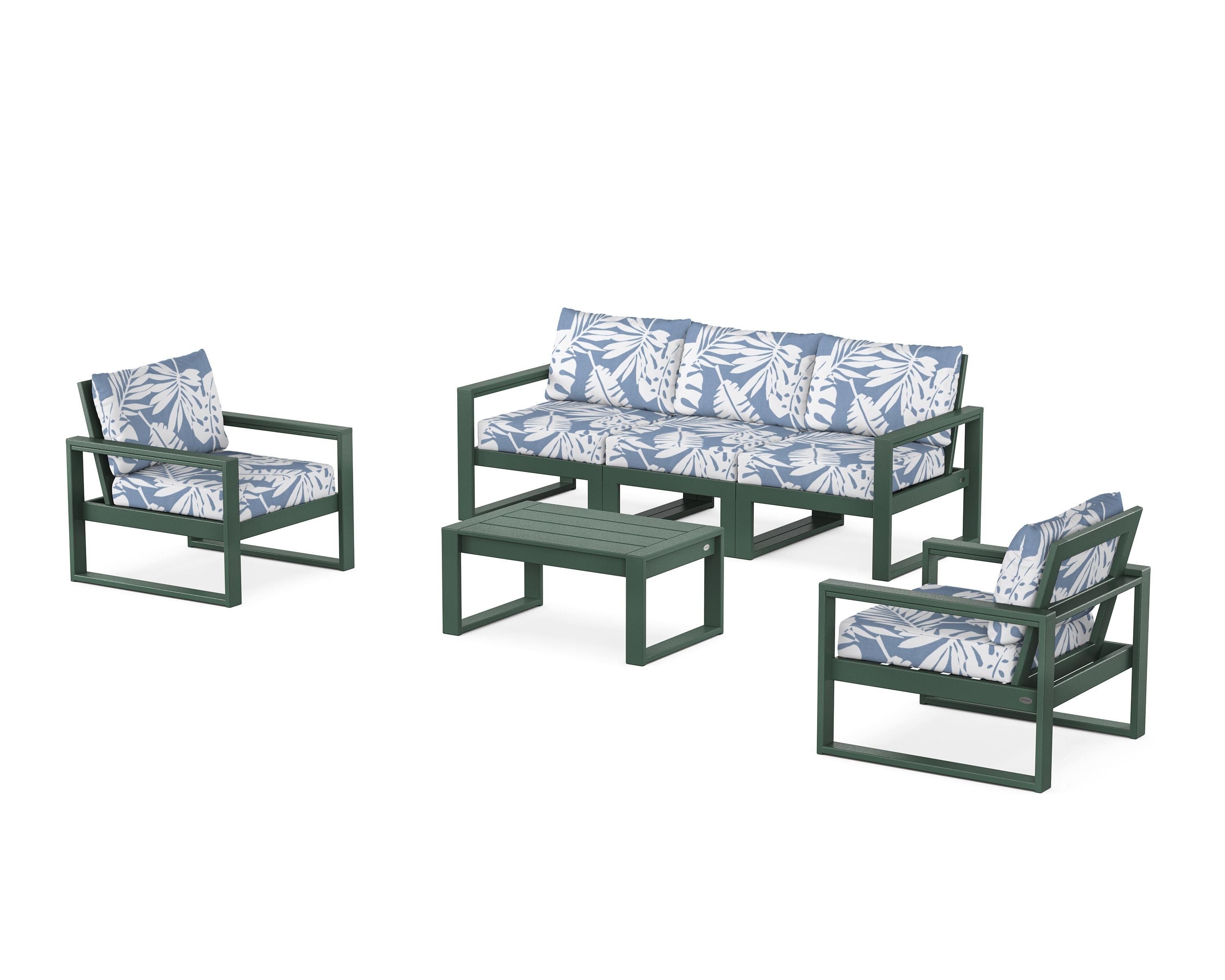 POLYWOOD EDGE Sectional 4-Piece Deep Seating Set with Sofa in Green / Leaf Sky Blue