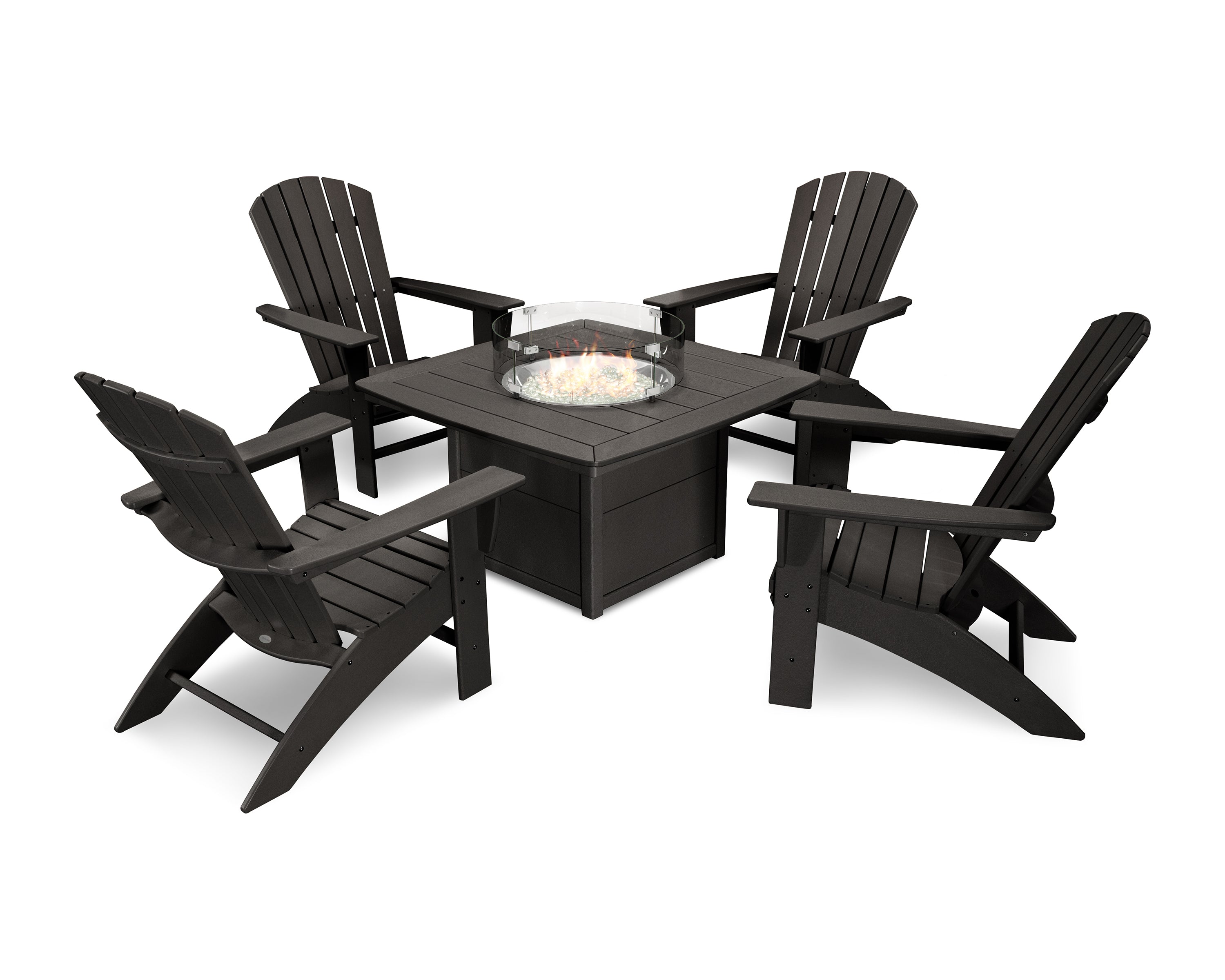 POLYWOOD® Nautical Curveback Adirondack 5-Piece Conversation Set with Fire Pit Table in Black