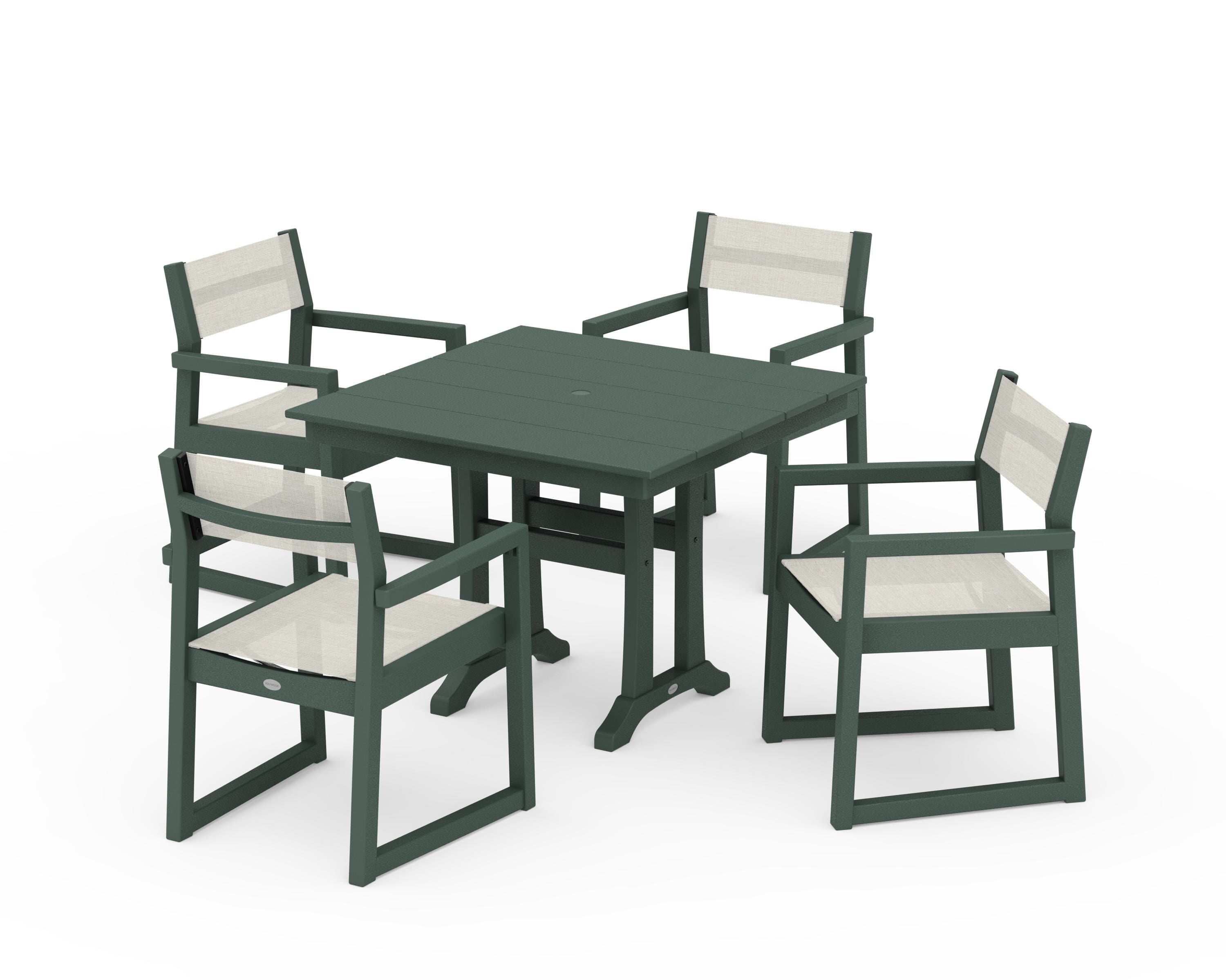 POLYWOOD EDGE Sling 5-Piece Farmhouse Dining Set with Trestle Legs in Green / Parchment Sling