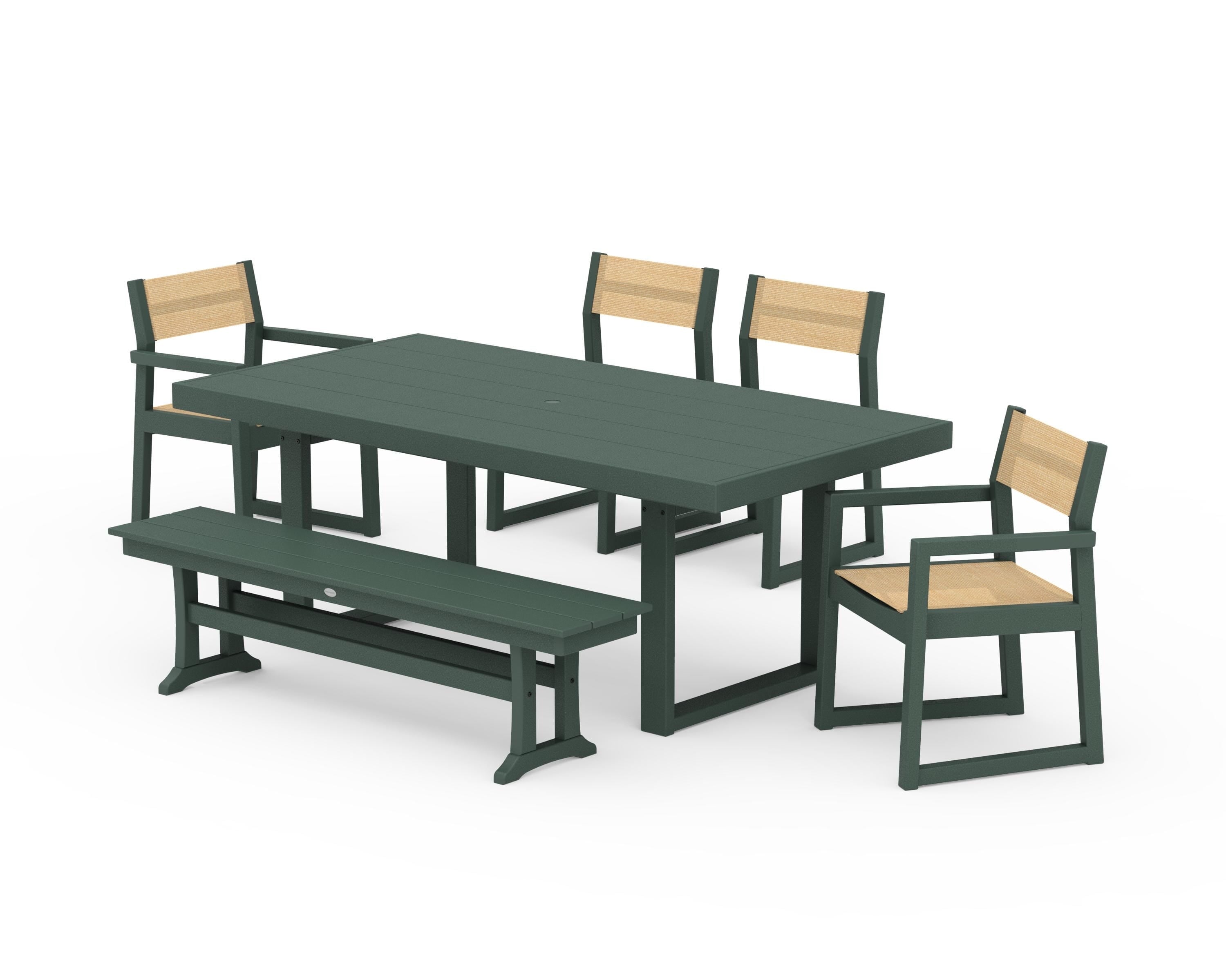POLYWOOD EDGE Sling 6-Piece Dining Set with Bench in Green / Dupioni Apricot Sling
