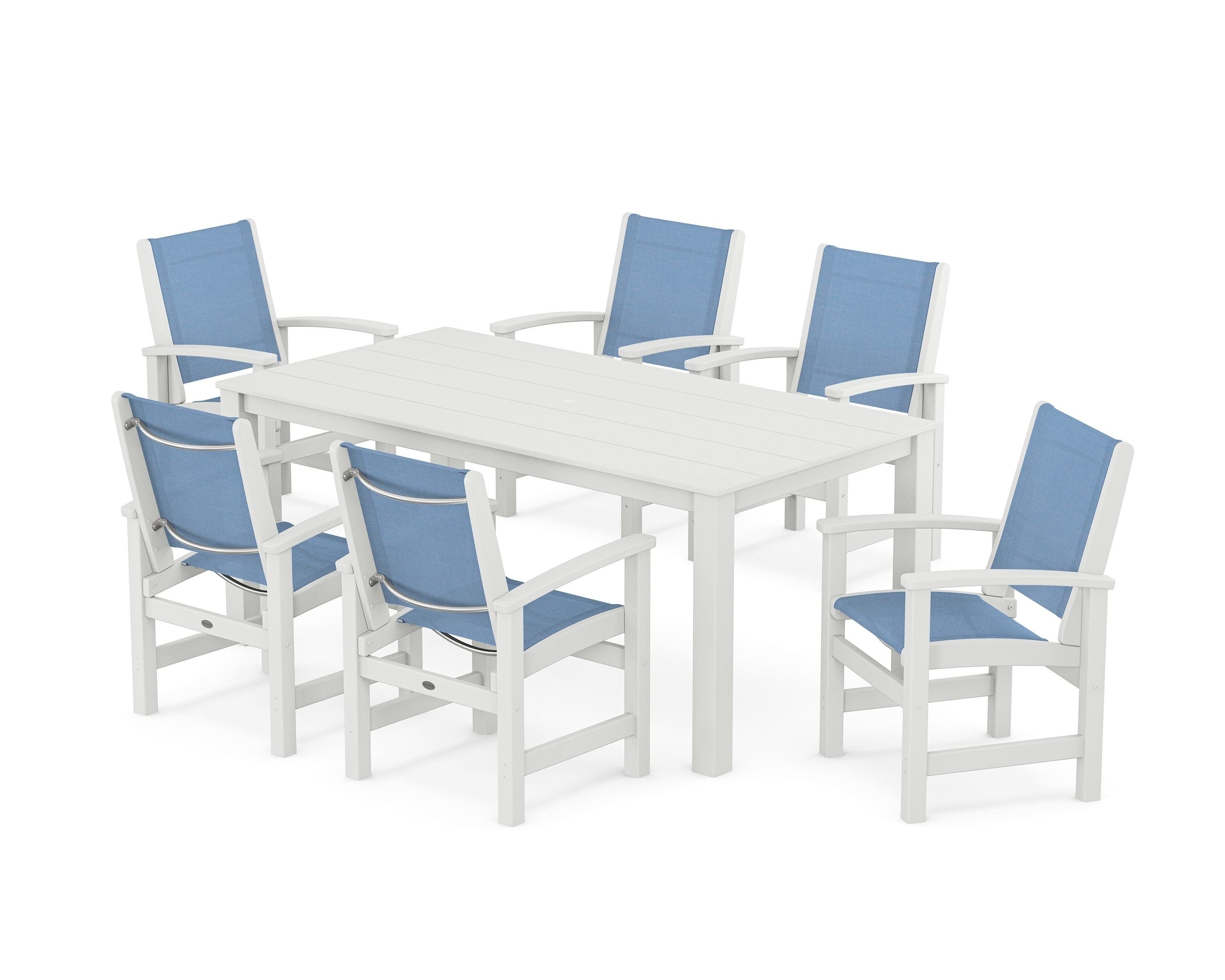 POLYWOOD Coastal 7-Piece Parsons Dining Set in White / Poolside Sling