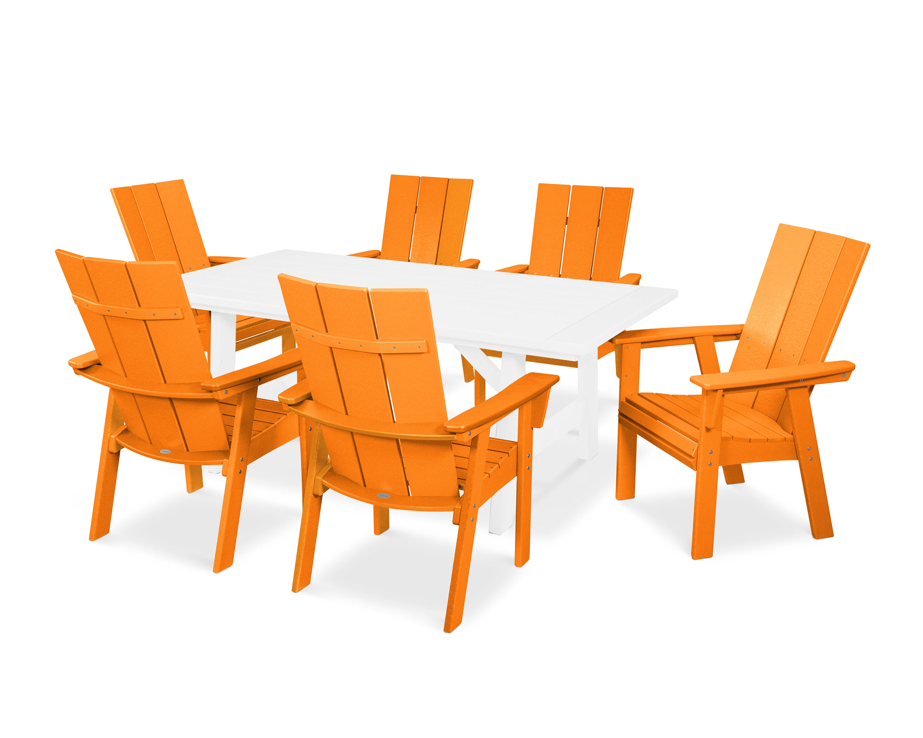 POLYWOOD® Modern Curveback Adirondack 7-Piece Rustic Farmhouse Dining Set in Tangerine / White