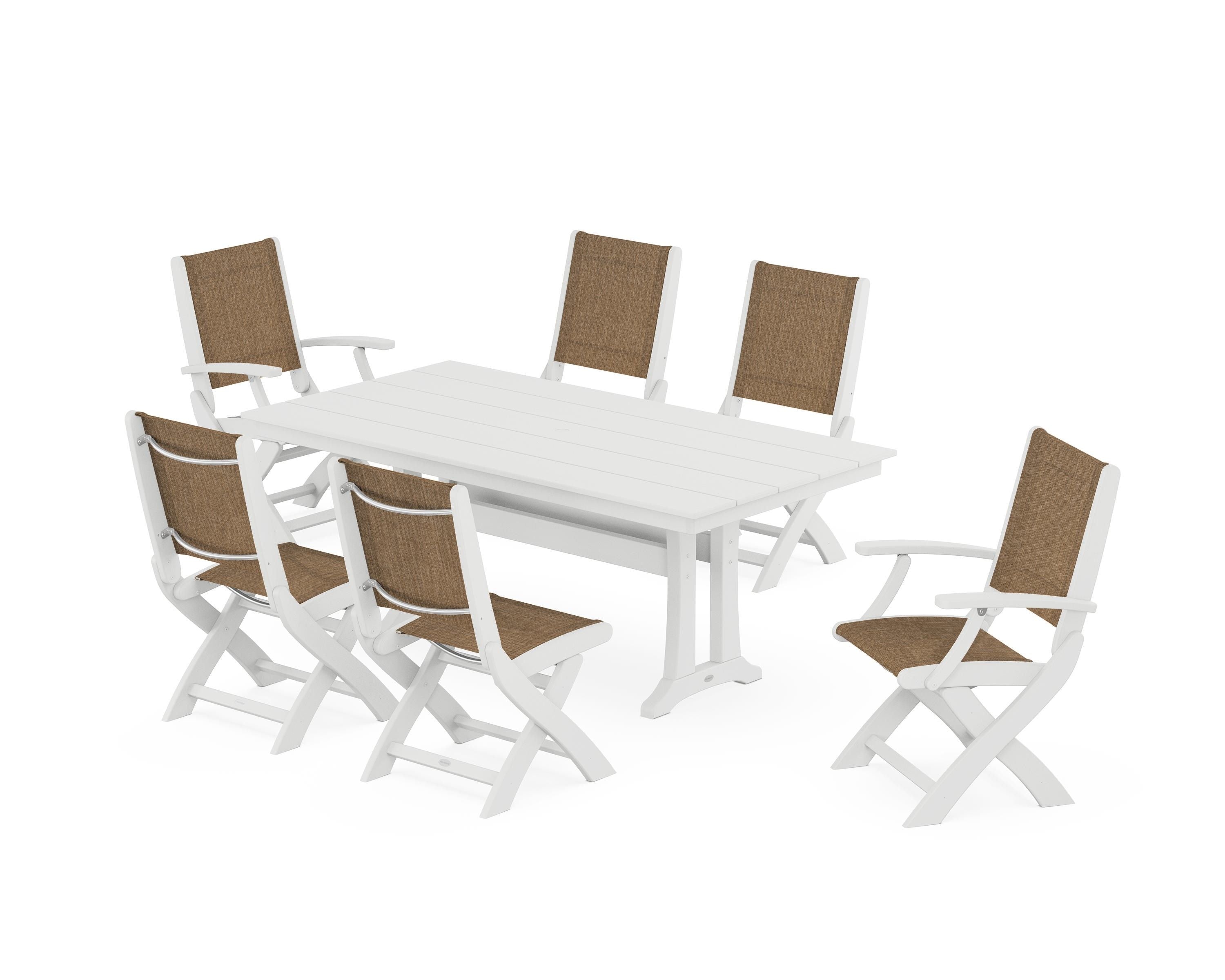 POLYWOOD Coastal Folding Chair 7-Piece Farmhouse Dining Set with Trestle Legs in White / Burlap Sling
