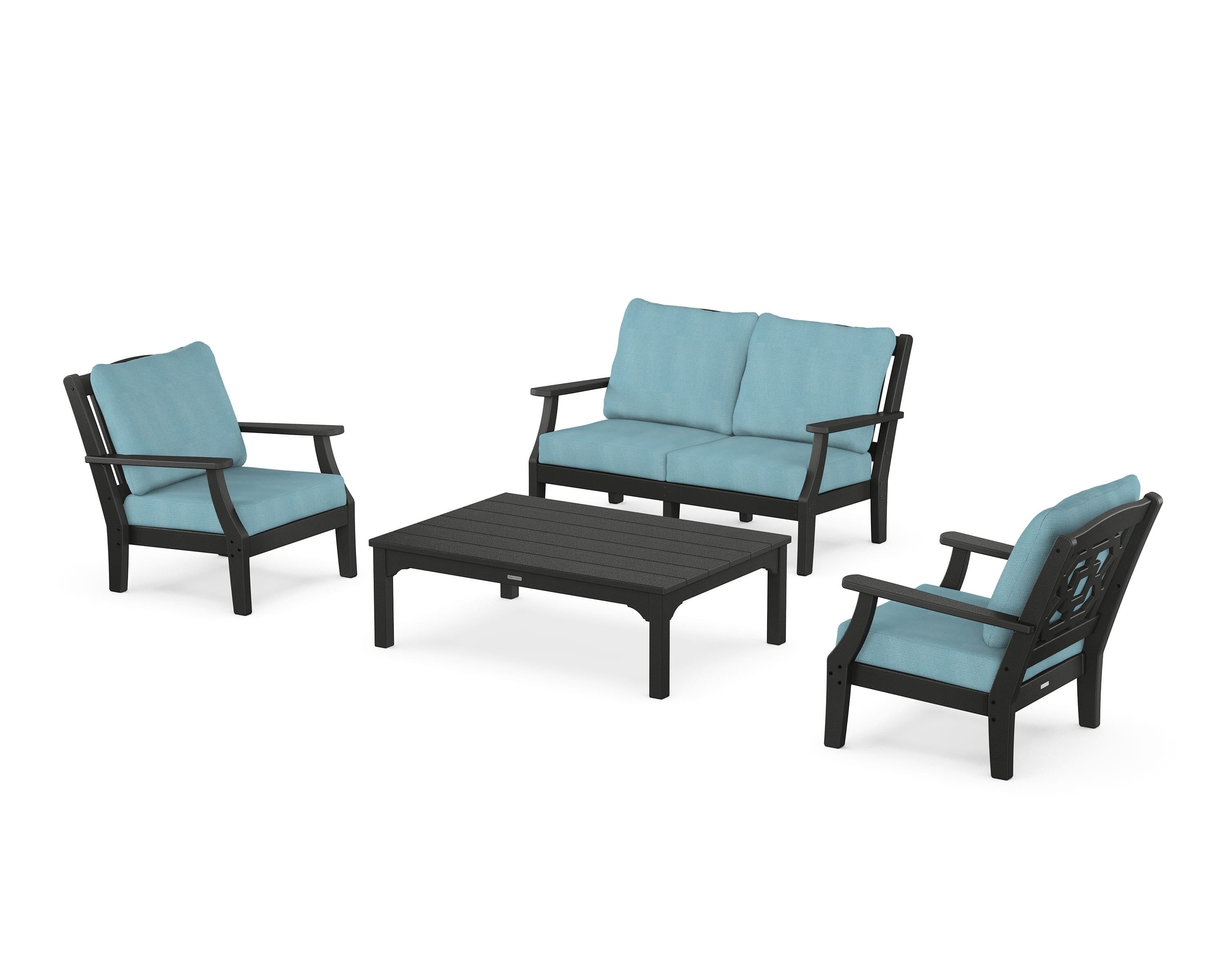 Martha Stewart by POLYWOOD Chinoiserie 4-Piece Deep Seating Set with Loveseat in Black / Lattice Sky Blue