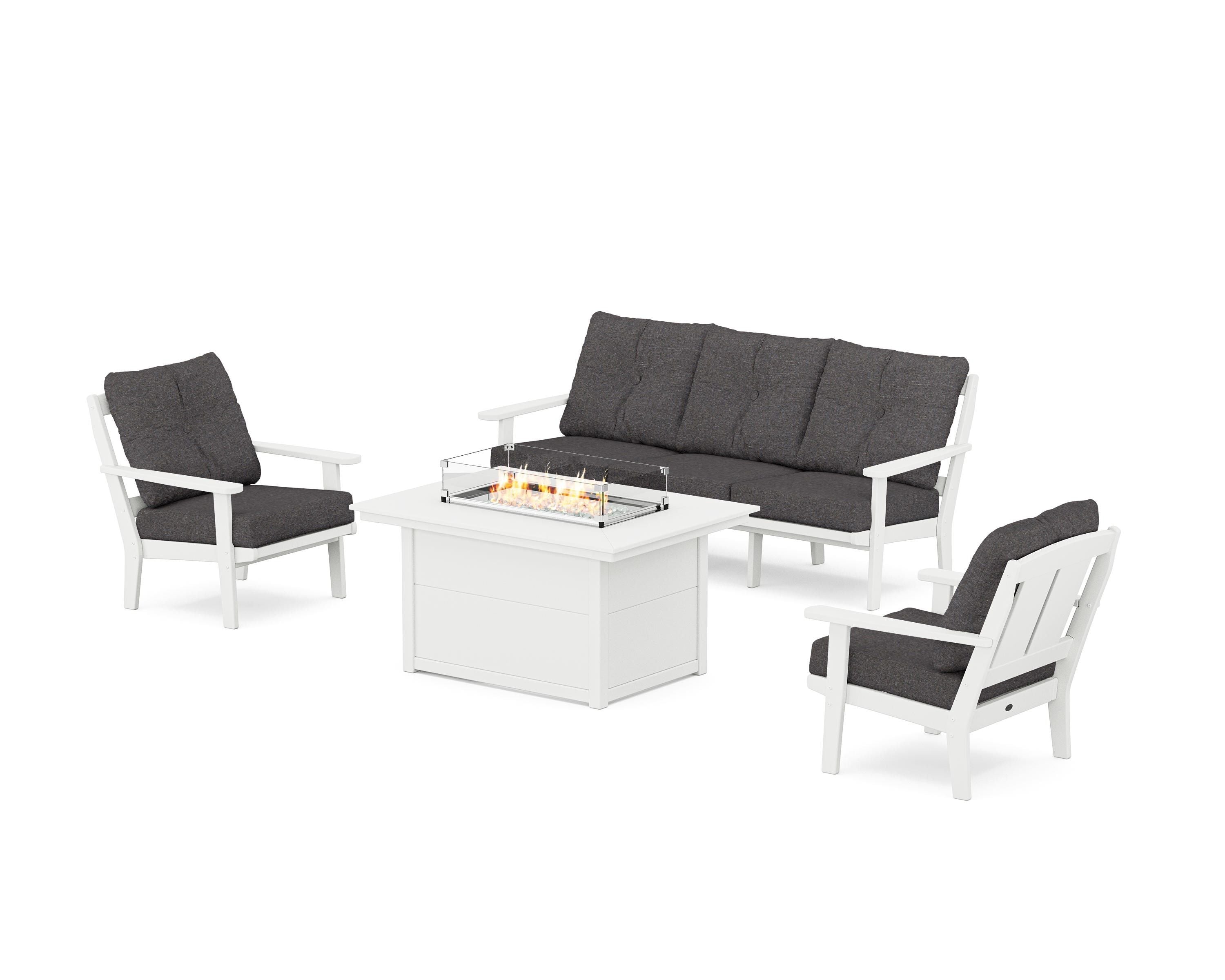 POLYWOOD Mission Deep Seating Fire Pit Table Set in White / Ash Charcoal