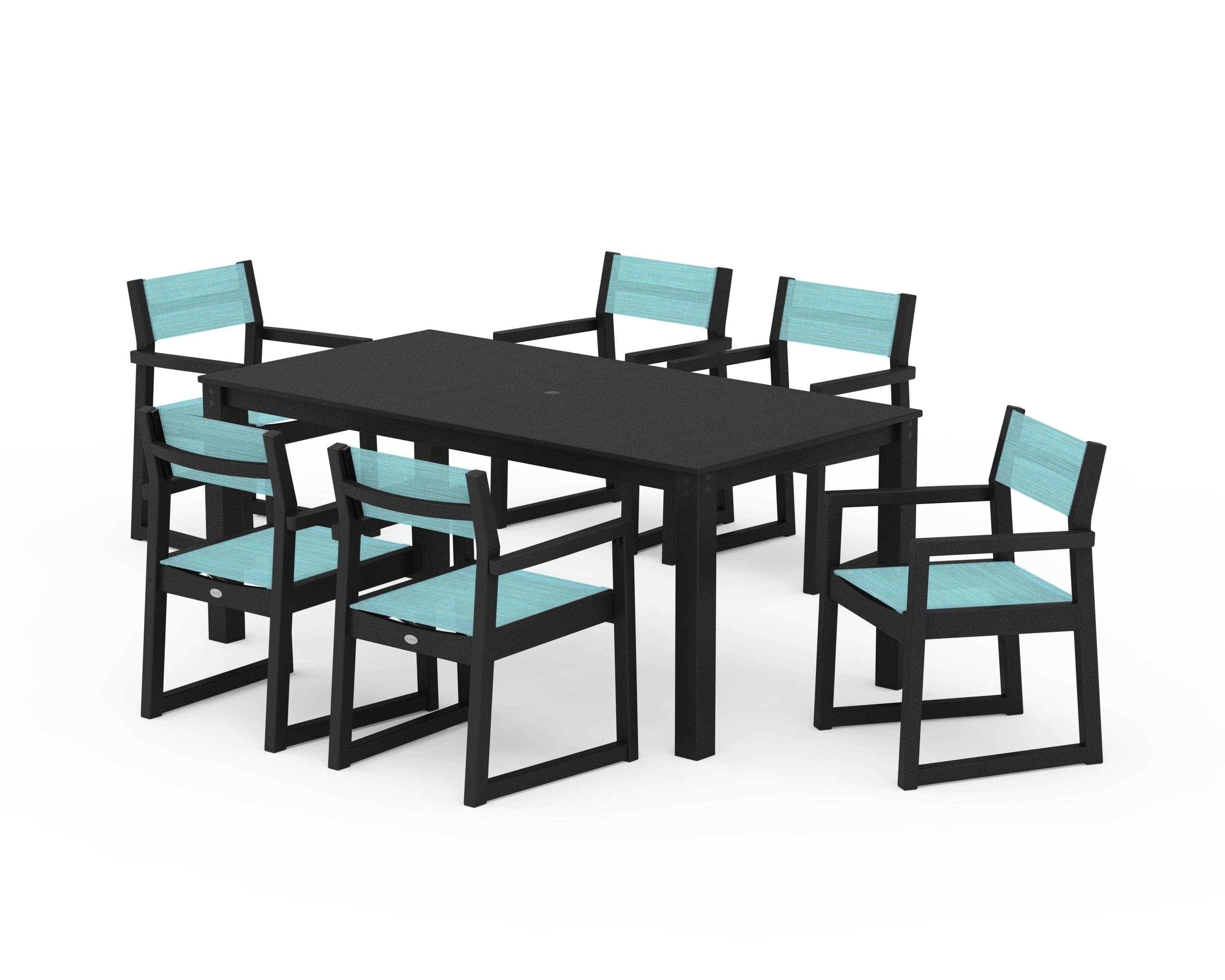 POLYWOOD EDGE Sling Arm Chair 7-Piece Parsons Dining Set in Black / Dupioni Aquamarine Sling
