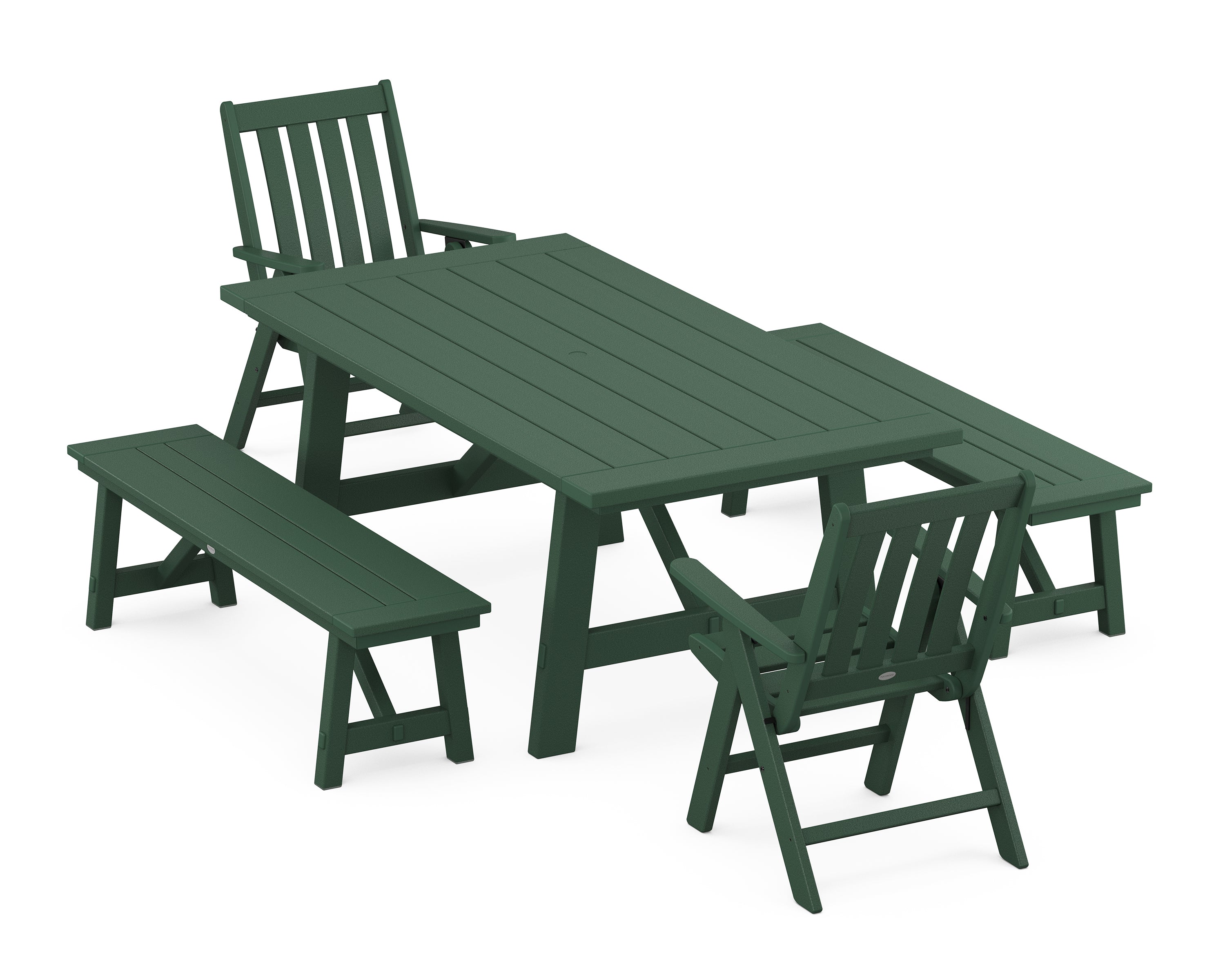 POLYWOOD® Vineyard Folding Chair 5-Piece Rustic Farmhouse Dining Set With Benches in Green