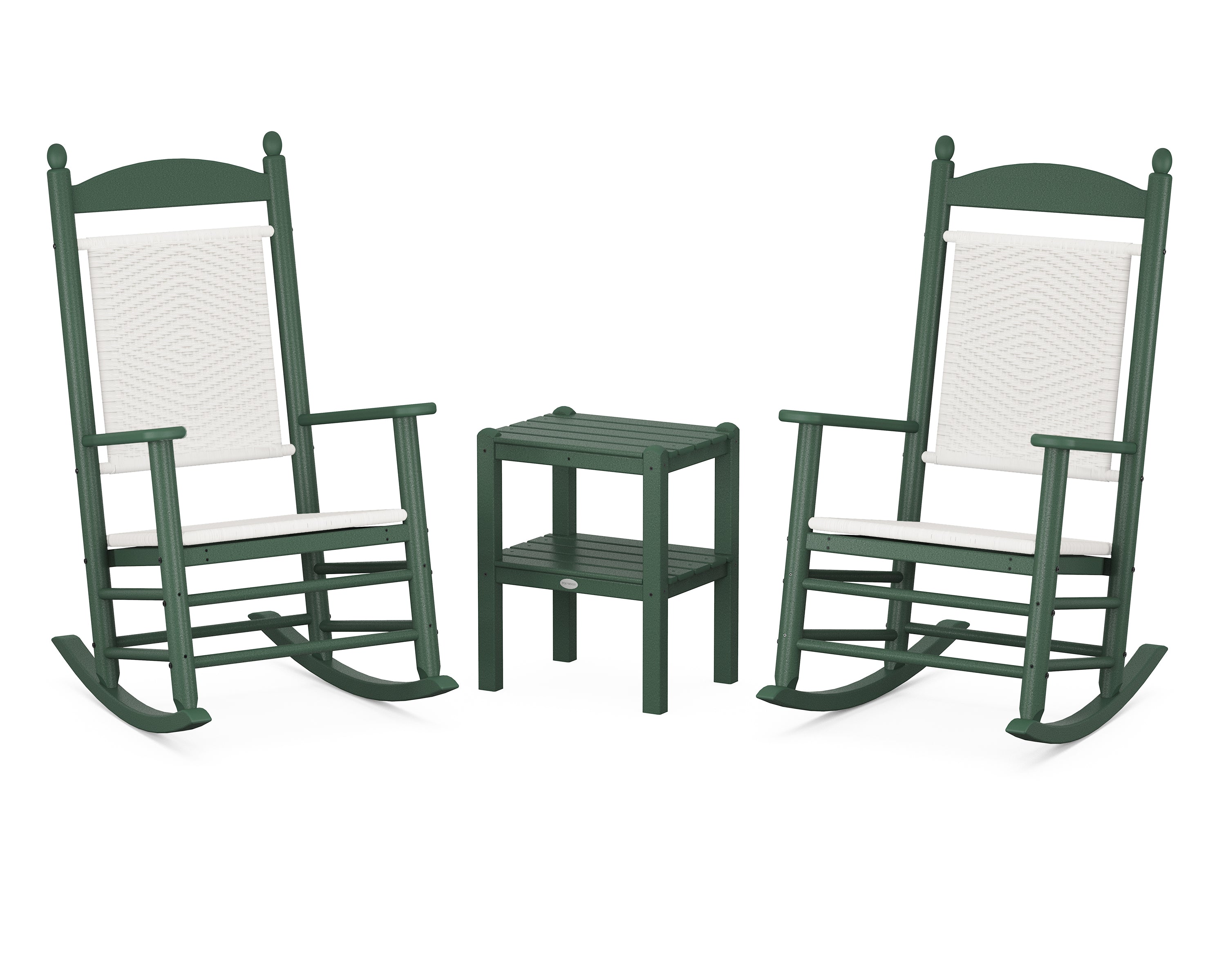 POLYWOOD® Jefferson 3-Piece Woven Rocker Set in Green / White Loom