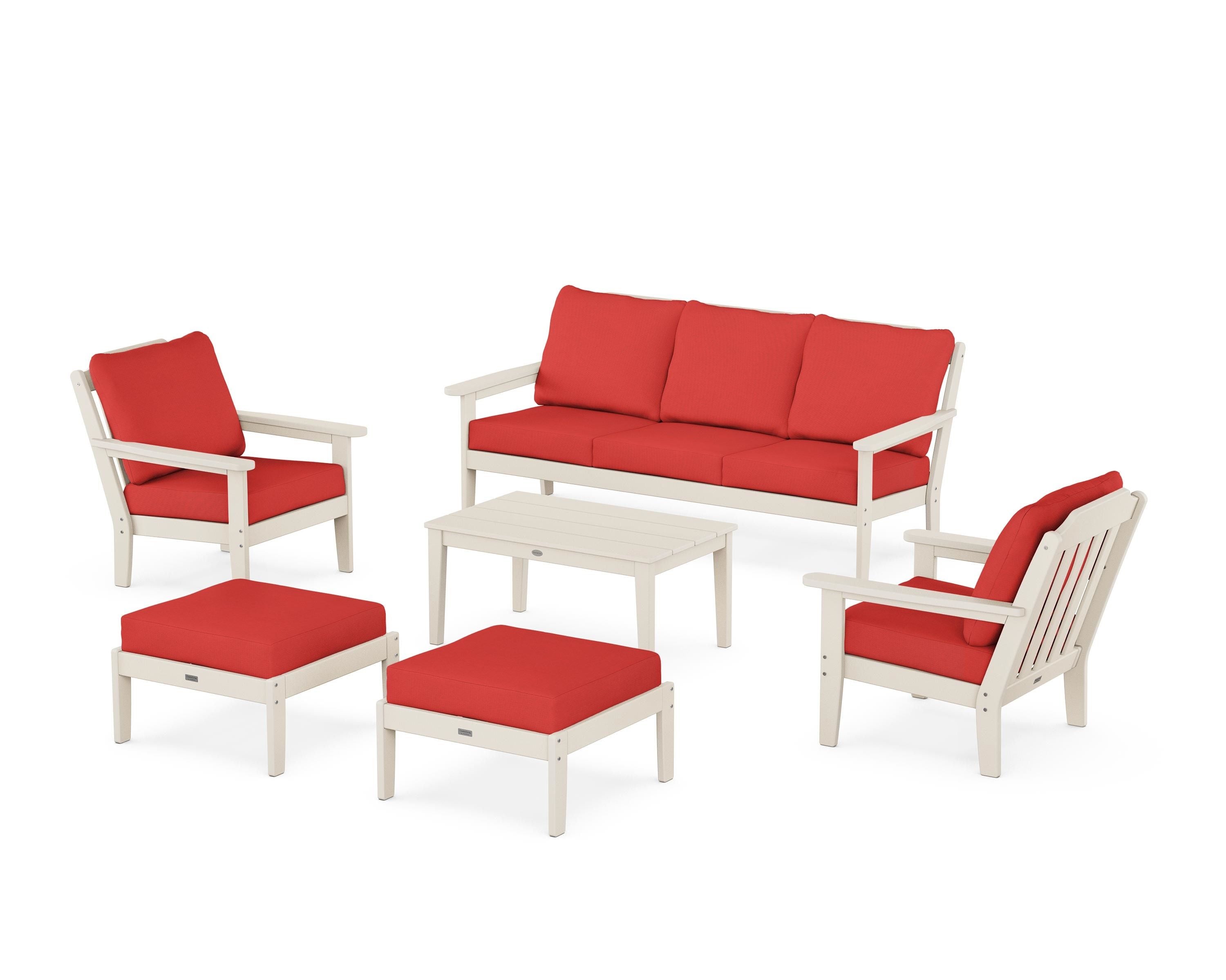 Country Living Cottage 6-Piece Lounge Sofa Set in Sand / Crimson Linen