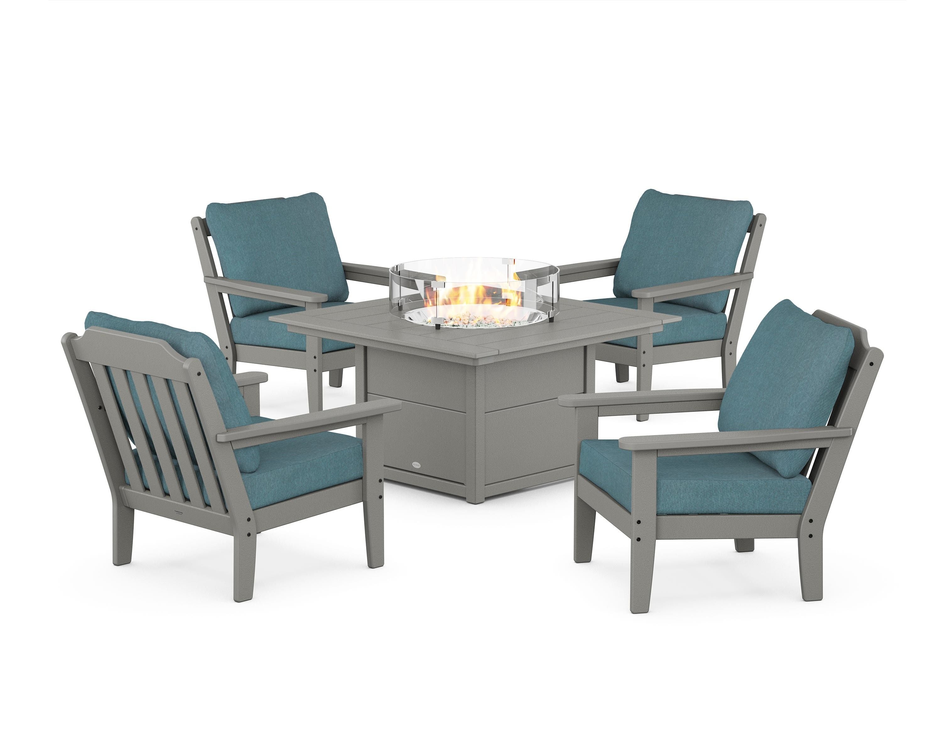 Country Living Cottage 5-Piece Deep Seating Set with Fire Pit Table in Slate Grey / Ocean Teal