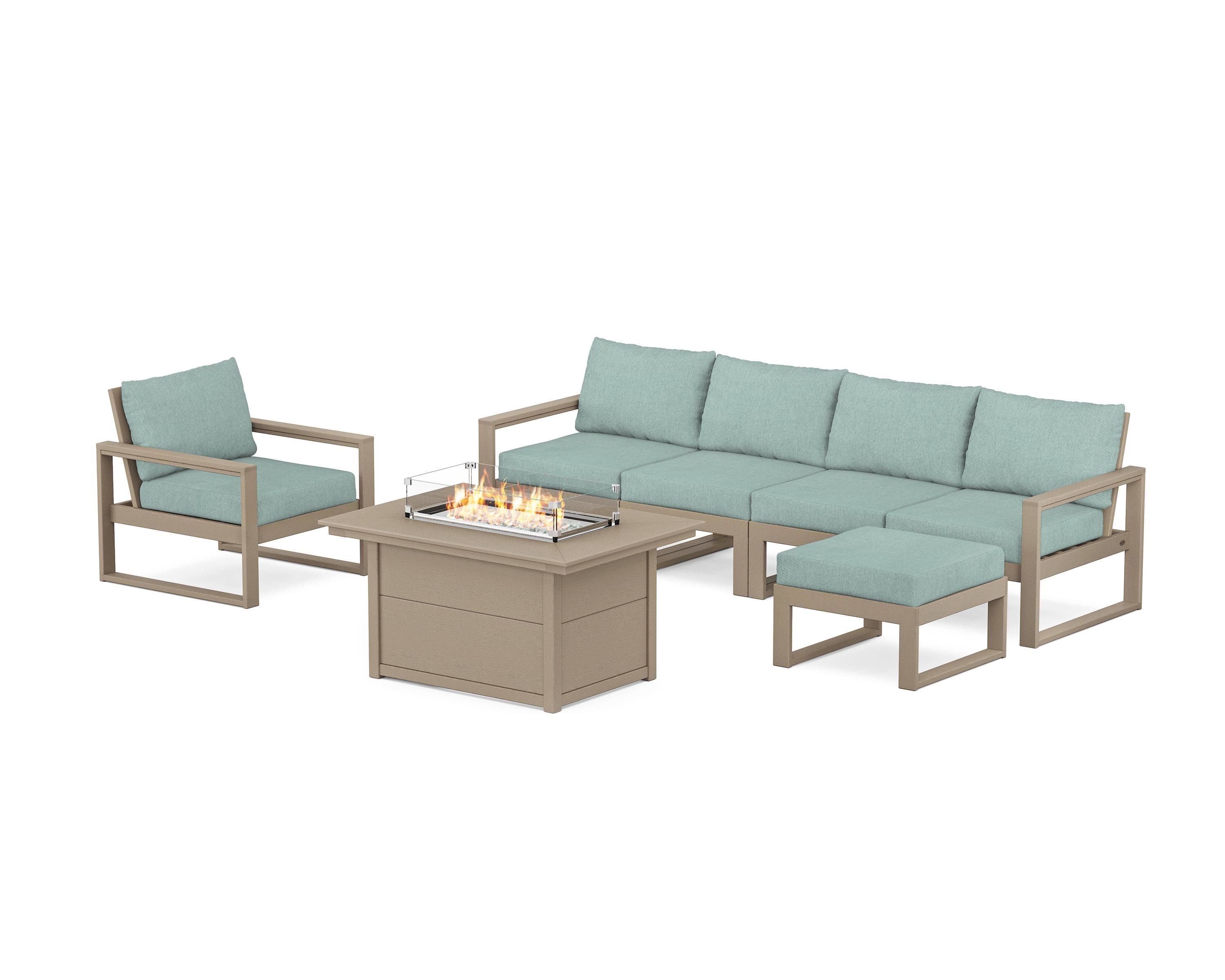 POLYWOOD EDGE Sectional Lounge and Fire Pit Set in Vintage Sahara / Glacier Spa