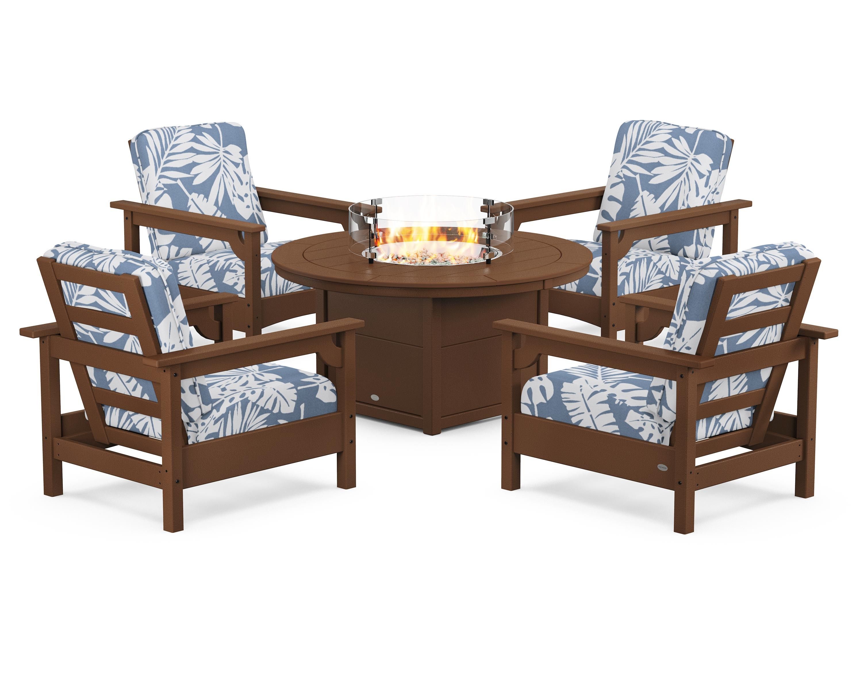 POLYWOOD Club 5-Piece Conversation Set with Fire Pit Table in Teak / Leaf Sky Blue