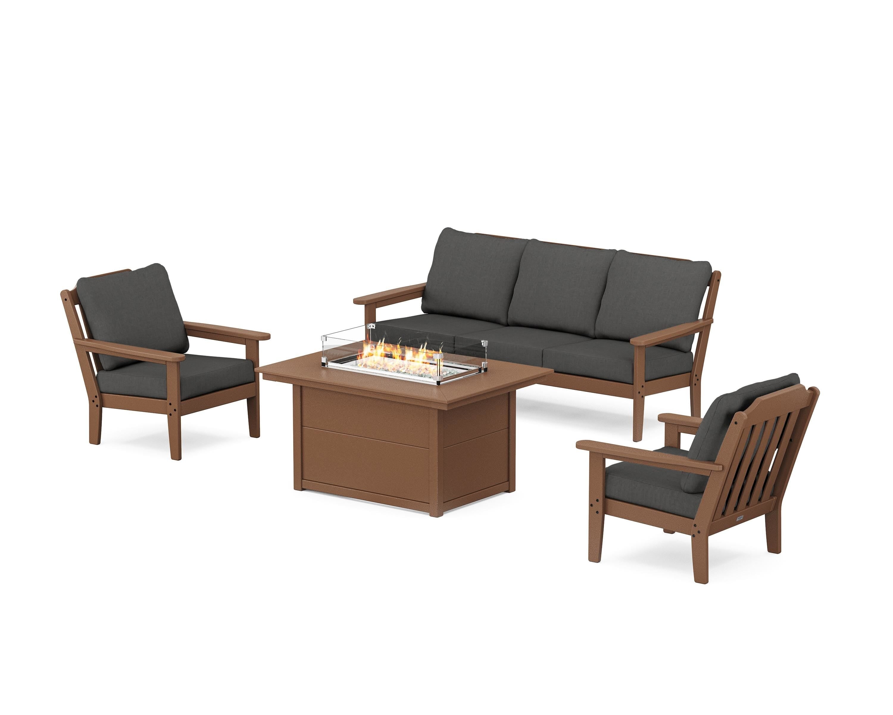 Country Living Cottage Deep Seating Fire Pit Table Set in Teak / Spectrum Carbon