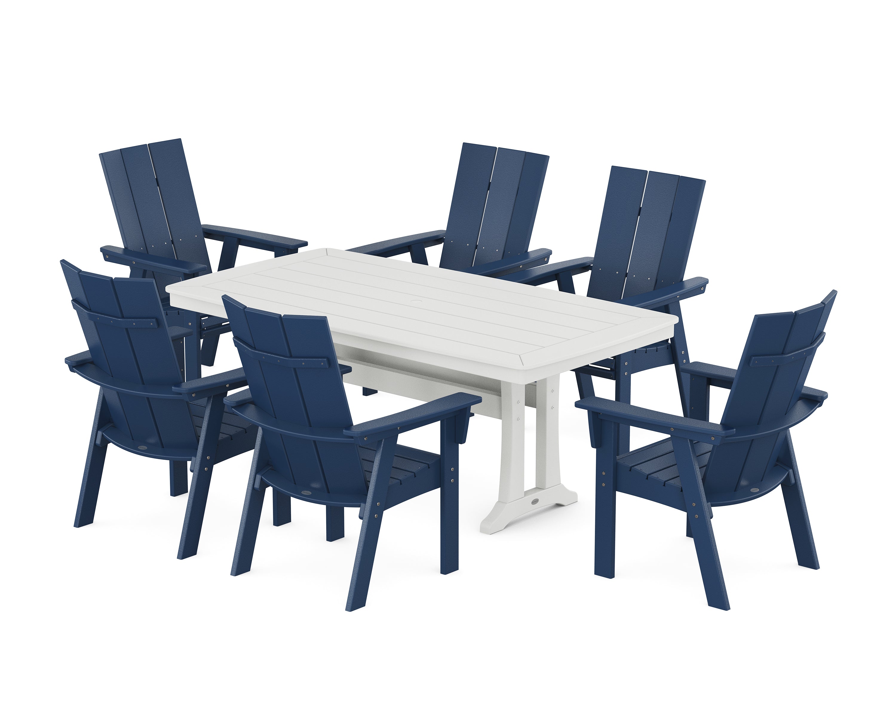 POLYWOOD Modern Curveback Adirondack 7-Piece Dining Set with Trestle Legs in Navy / White