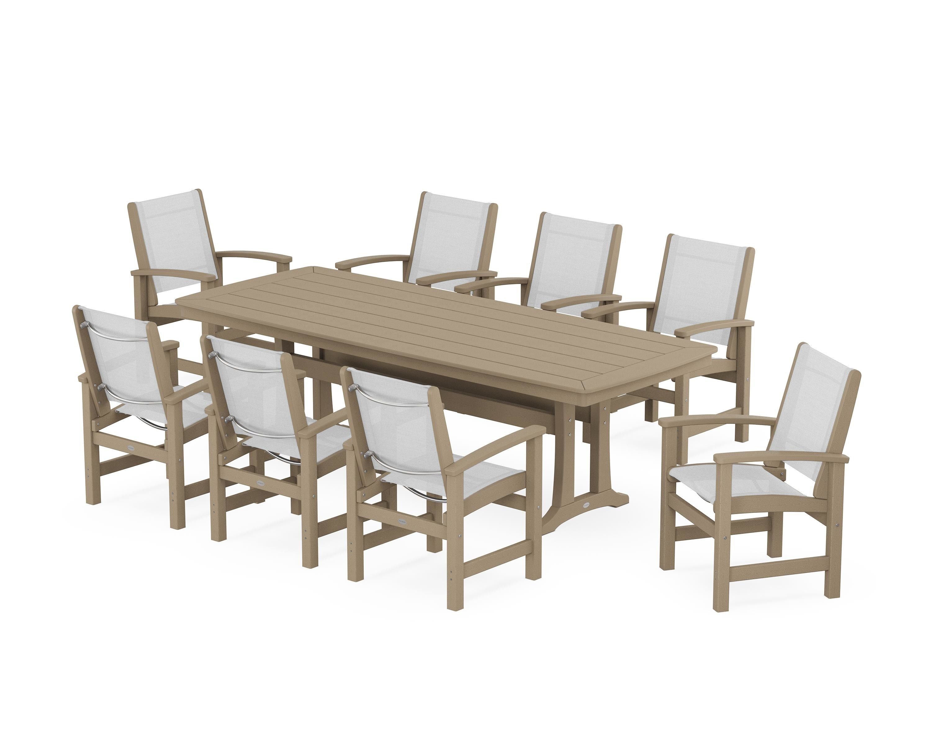 POLYWOOD Coastal 9-Piece Dining Set with Trestle Legs in Vintage Sahara / White Sling