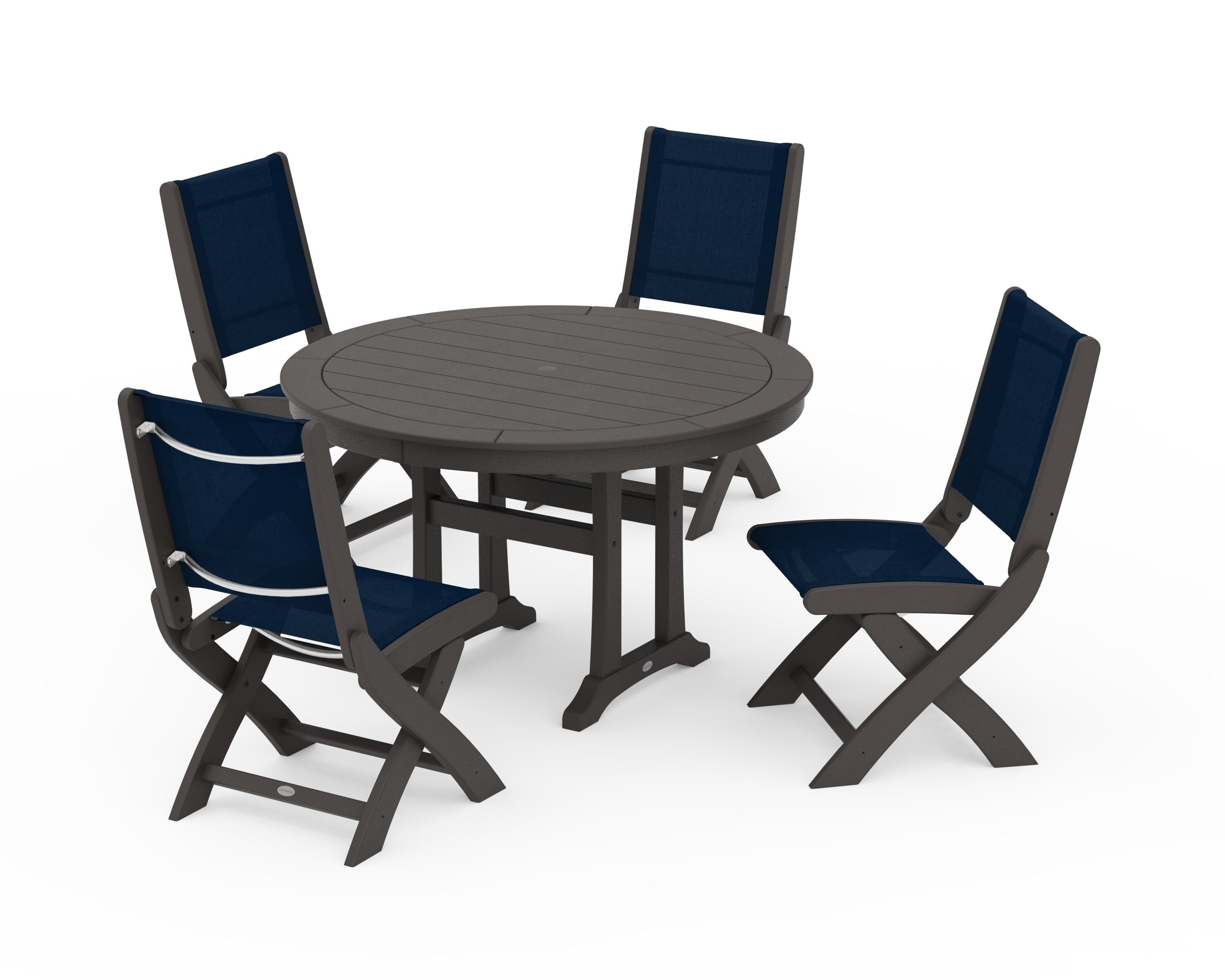 POLYWOOD Coastal Folding Side Chair 5-Piece Round Dining Set With Trestle Legs in Vintage Coffee / Navy Blue Sling
