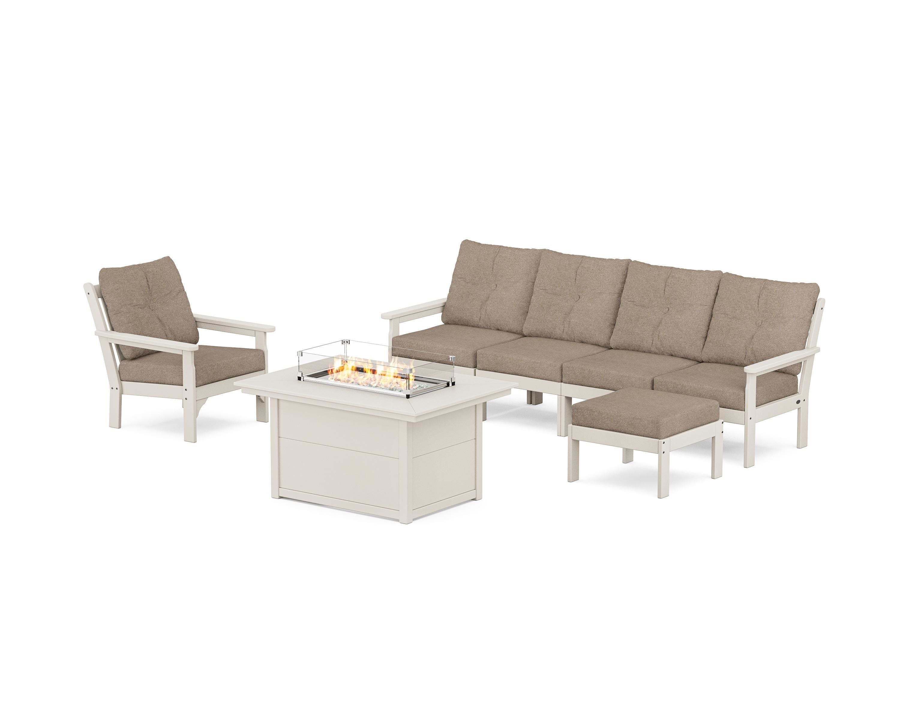 POLYWOOD Vineyard Sectional Lounge and Fire Pit Set in Sand / Spiced Burlap