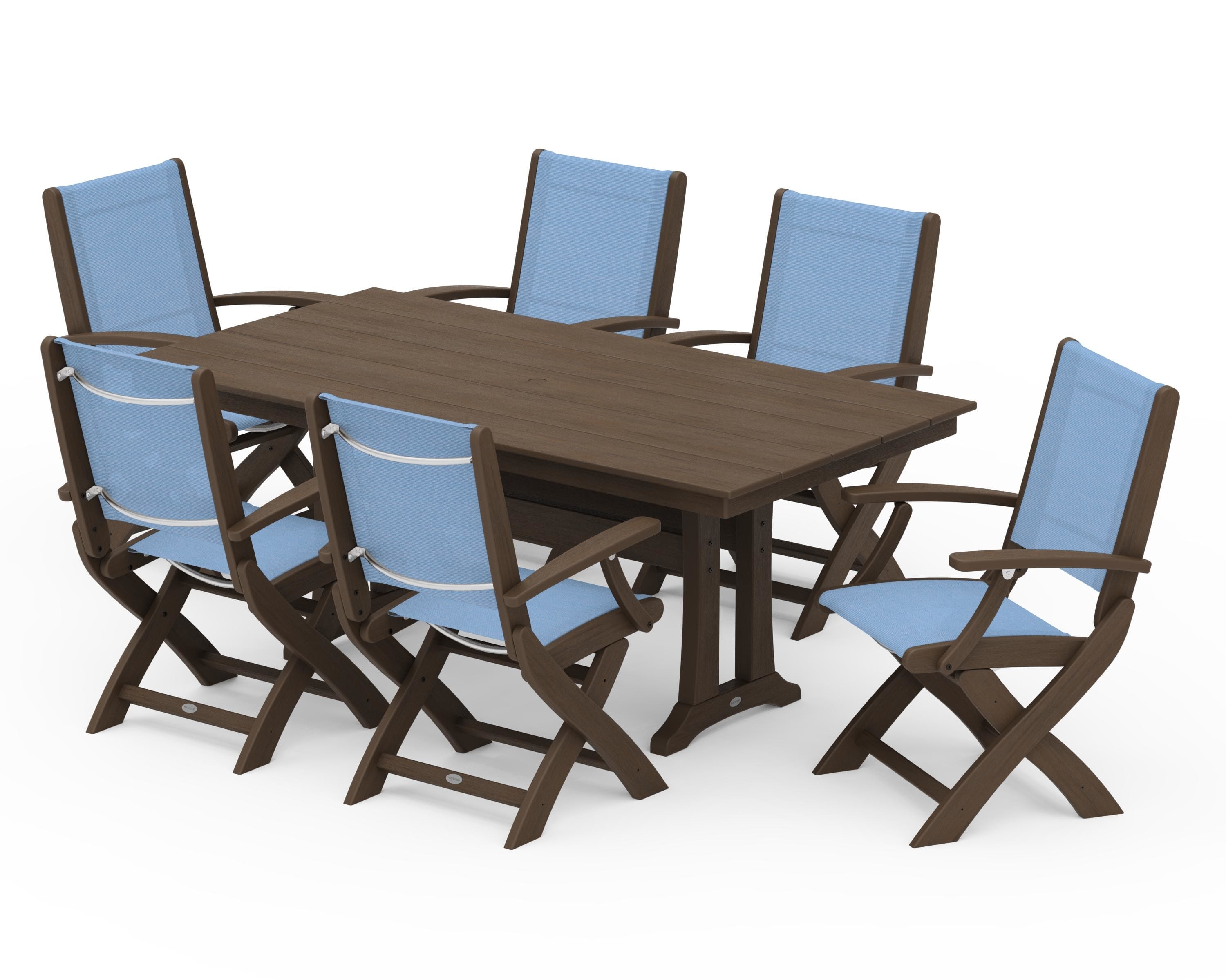 POLYWOOD Coastal Folding Arm Chair 7-Piece Farmhouse Dining Set with Trestle Legs in Kona / Poolside Sling