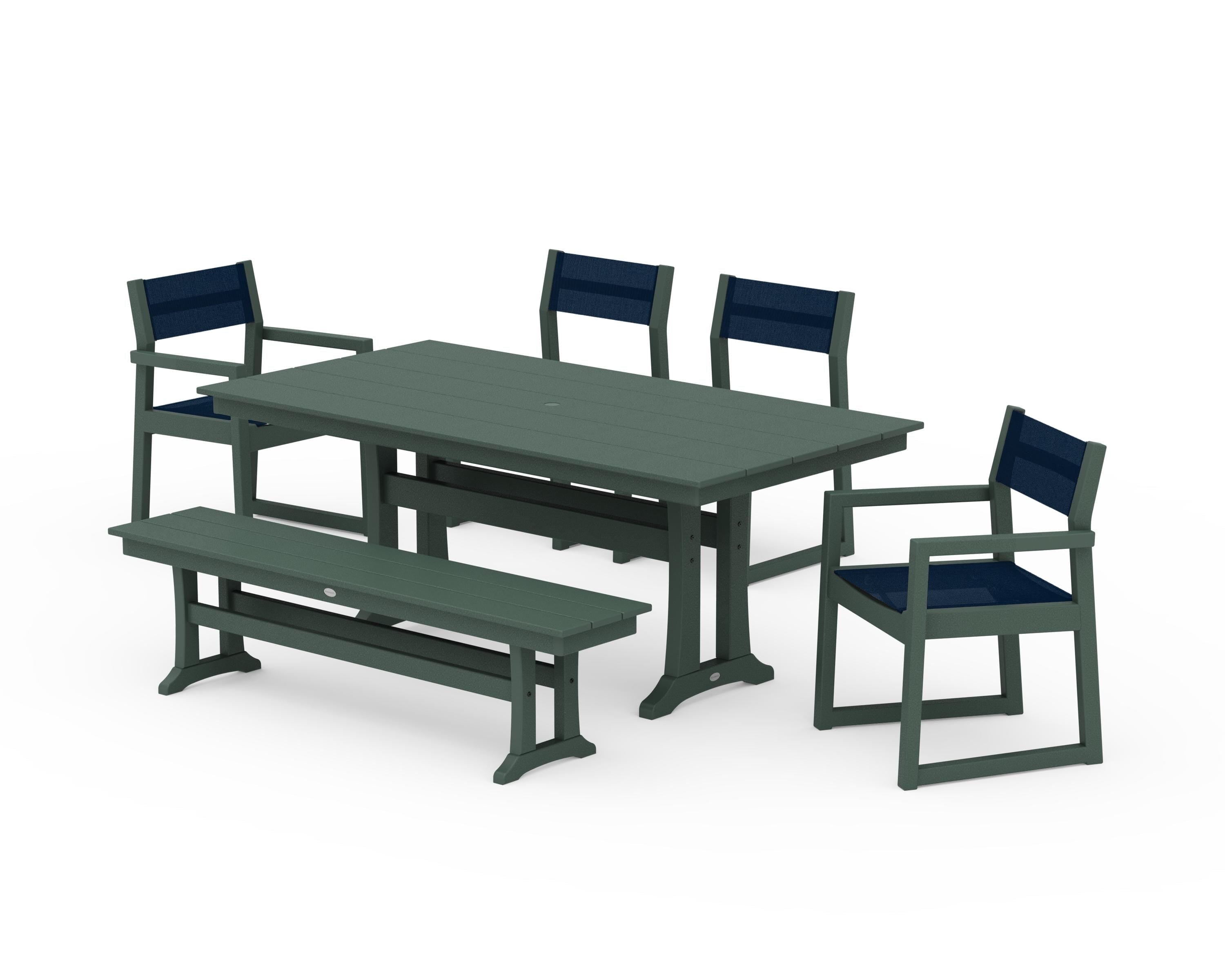 POLYWOOD EDGE Sling 6-Piece Farmhouse Dining Set With Trestle Legs in Green / Navy Blue Sling