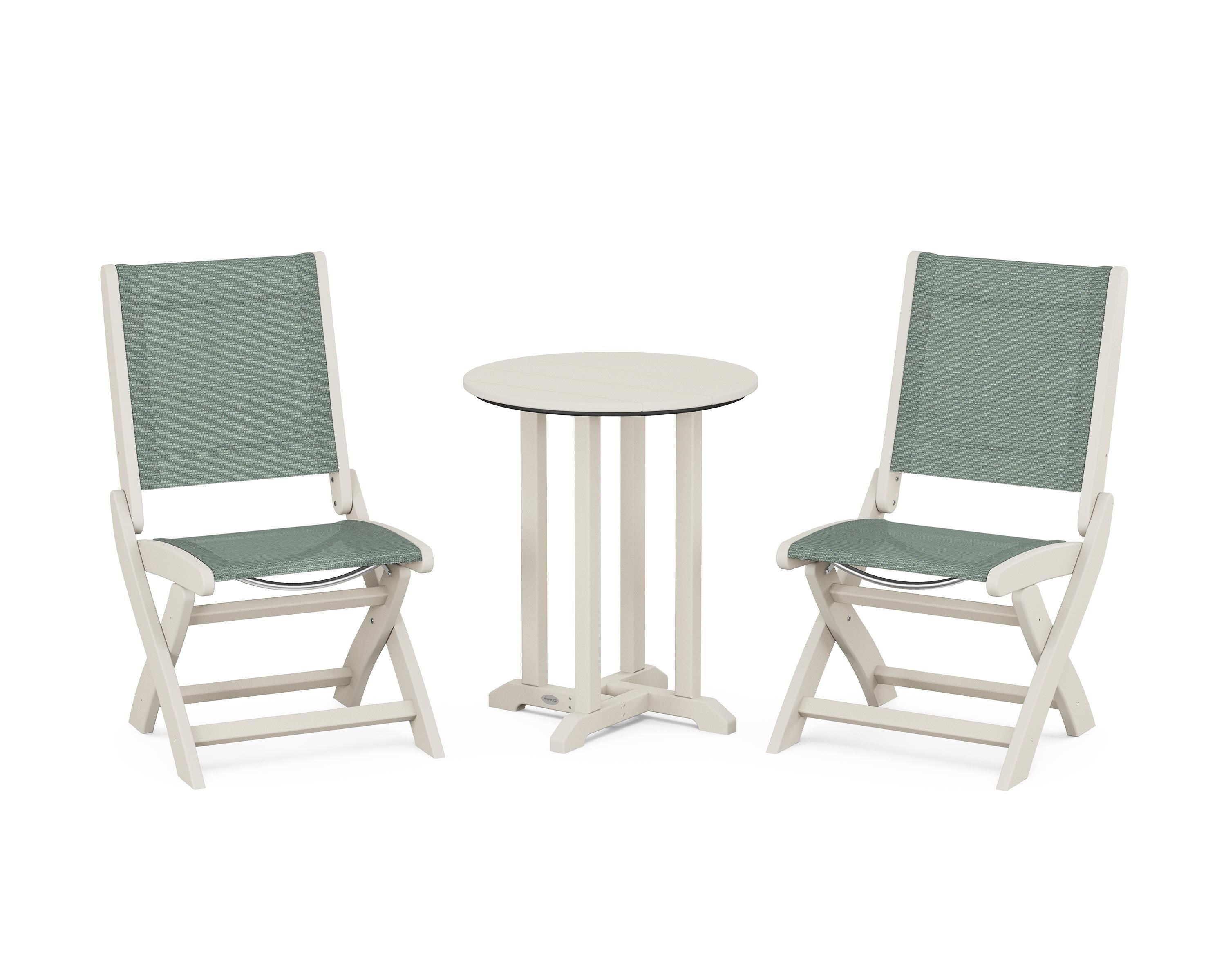 POLYWOOD Coastal Folding Side Chair 3-Piece Round Bistro Dining Set in Sand / Dupioni Sea Mist Sling