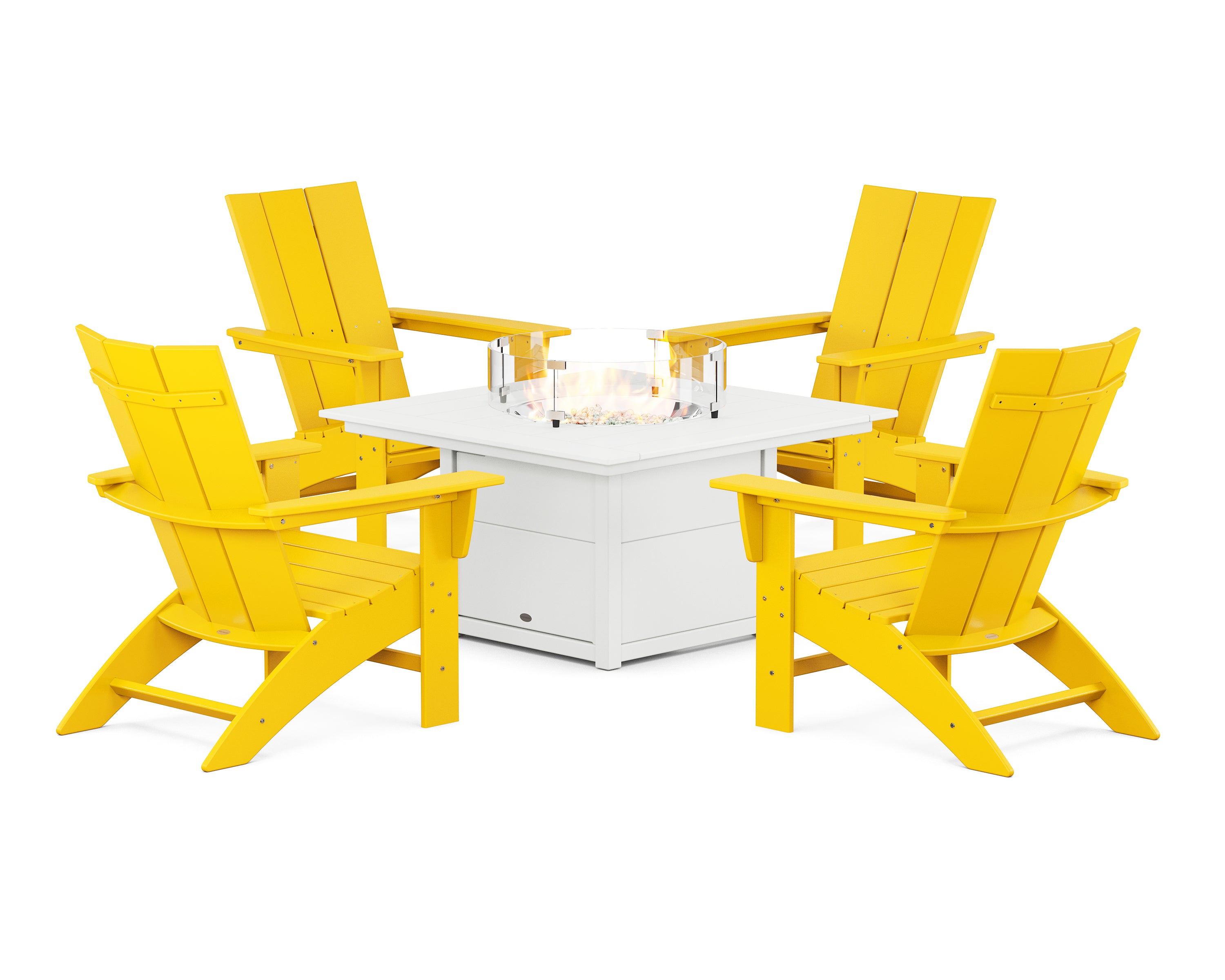 POLYWOOD® Modern Curveback Adirondack 5-Piece Conversation Set with Fire Pit Table in Lemon / White