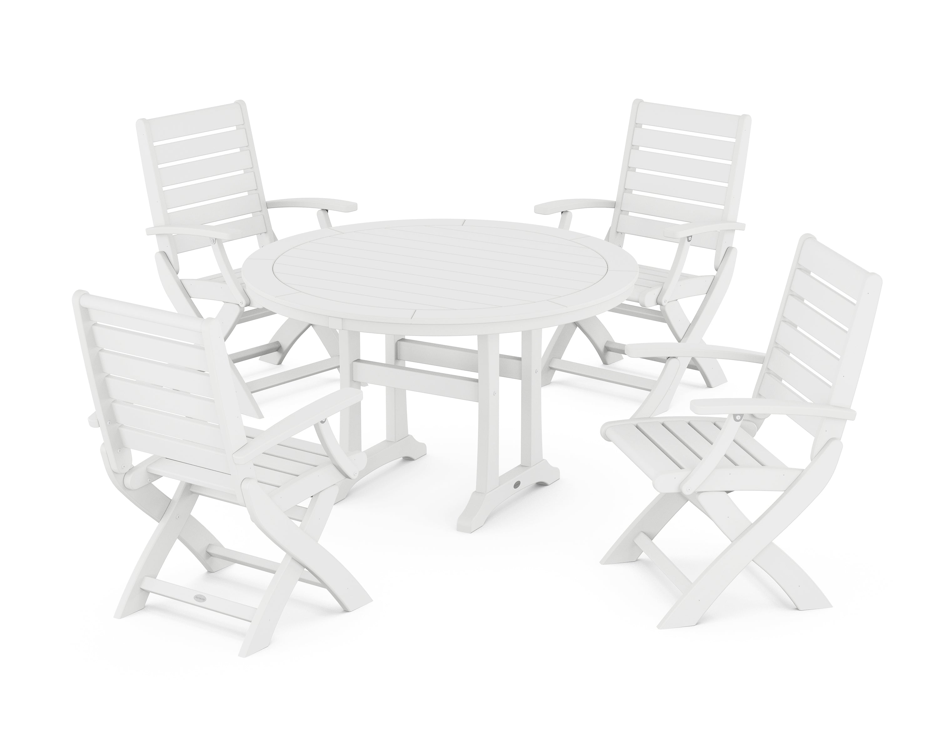 POLYWOOD® Signature Folding Chair 5-Piece Round Dining Set with Trestle Legs in White