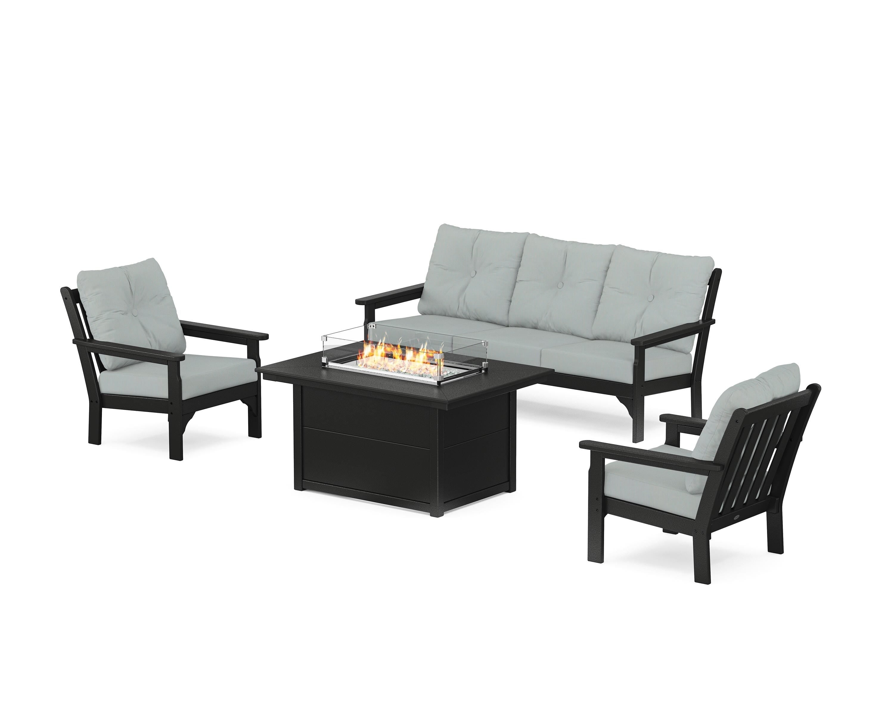 POLYWOOD Vineyard Deep Seating Fire Pit Table Set in Black / Spa