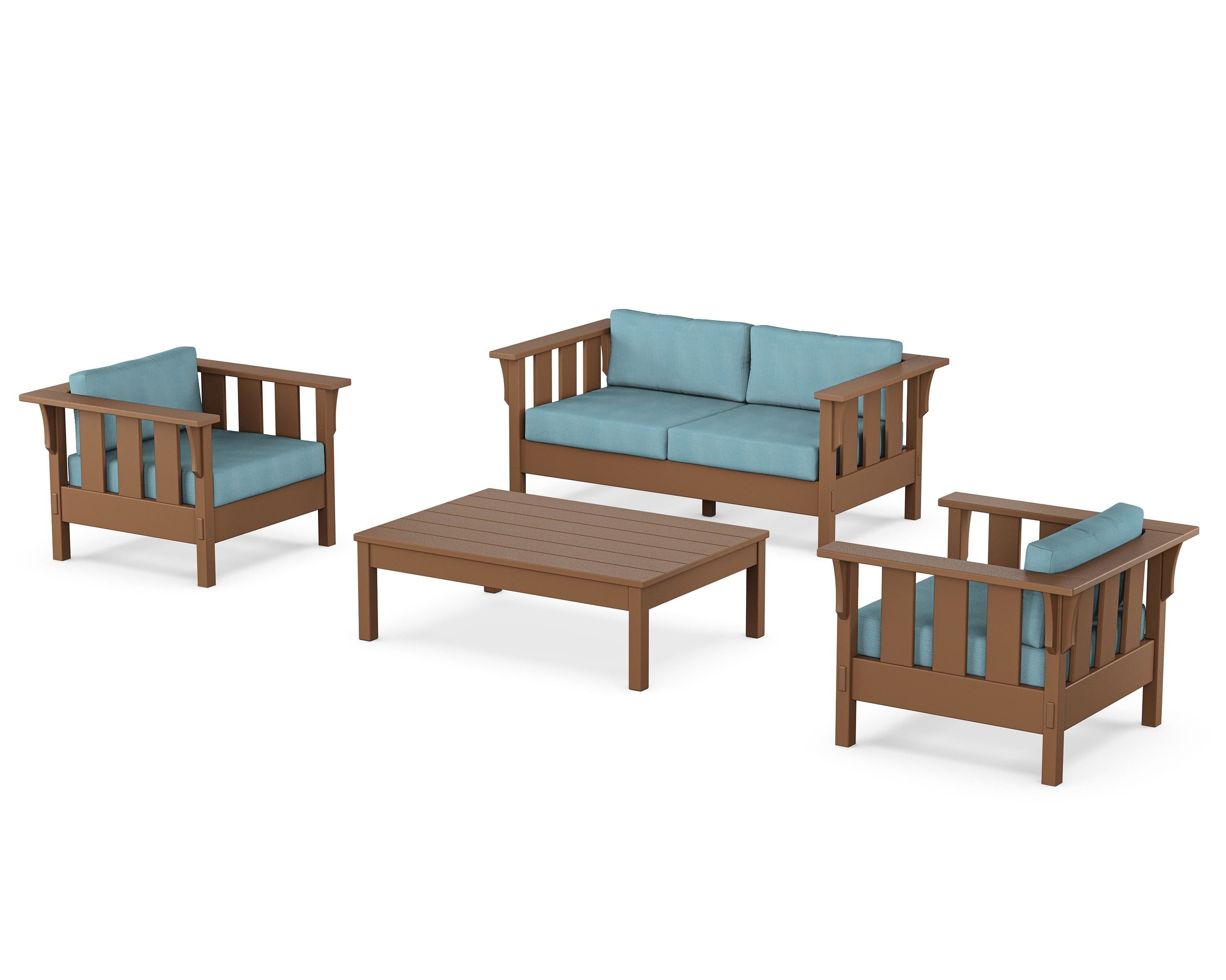 Martha Stewart by POLYWOOD Acadia 4-Piece Deep Seating Set with Loveseat in Teak / Lattice Sky Blue
