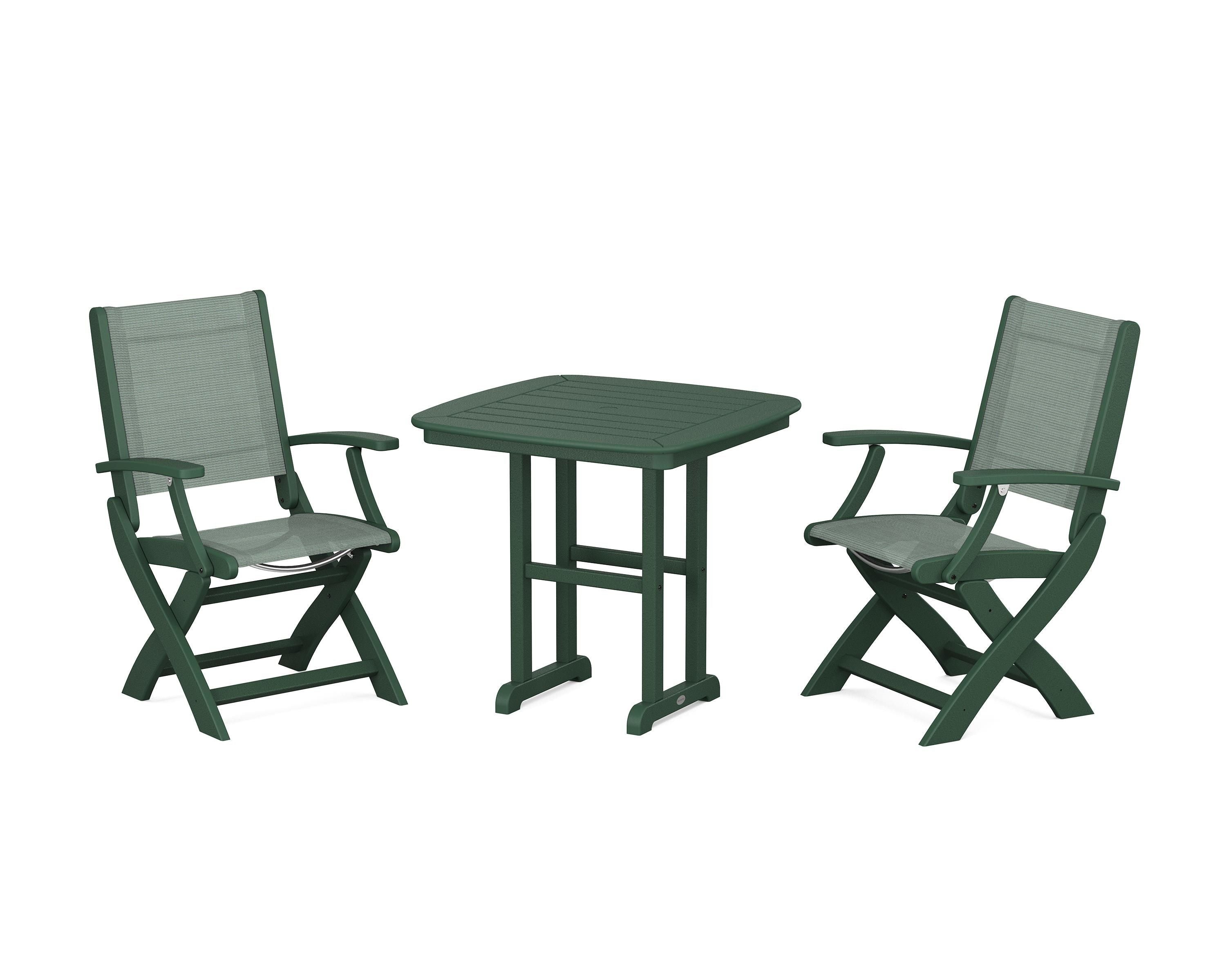 POLYWOOD Coastal Folding Chair 3-Piece Dining Set in Green / Dupioni Sea Mist Sling