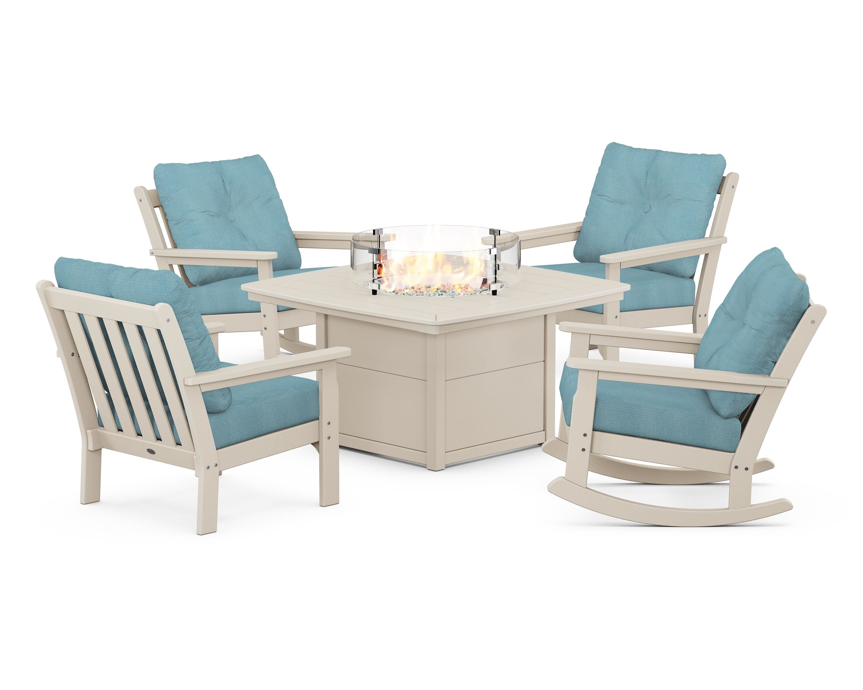 POLYWOOD Vineyard 5-Piece Deep Seating Rocking Chair Conversation Set with Fire Pit Table in Sand / Lattice Sky Blue