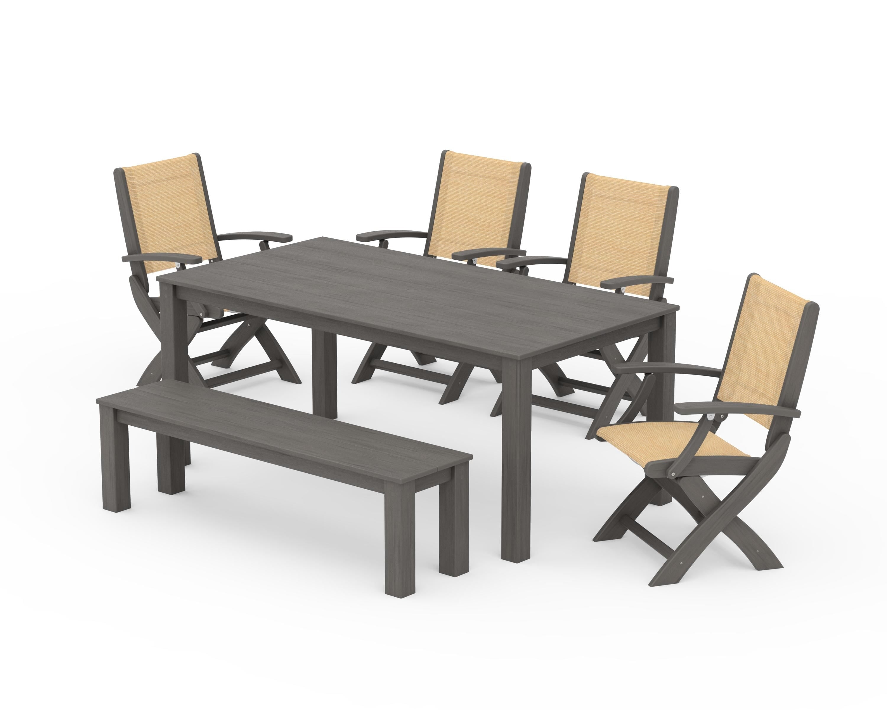 POLYWOOD Coastal Folding Chair 6-Piece Parsons Dining Set with Bench in Driftwood / Dupioni Apricot Sling