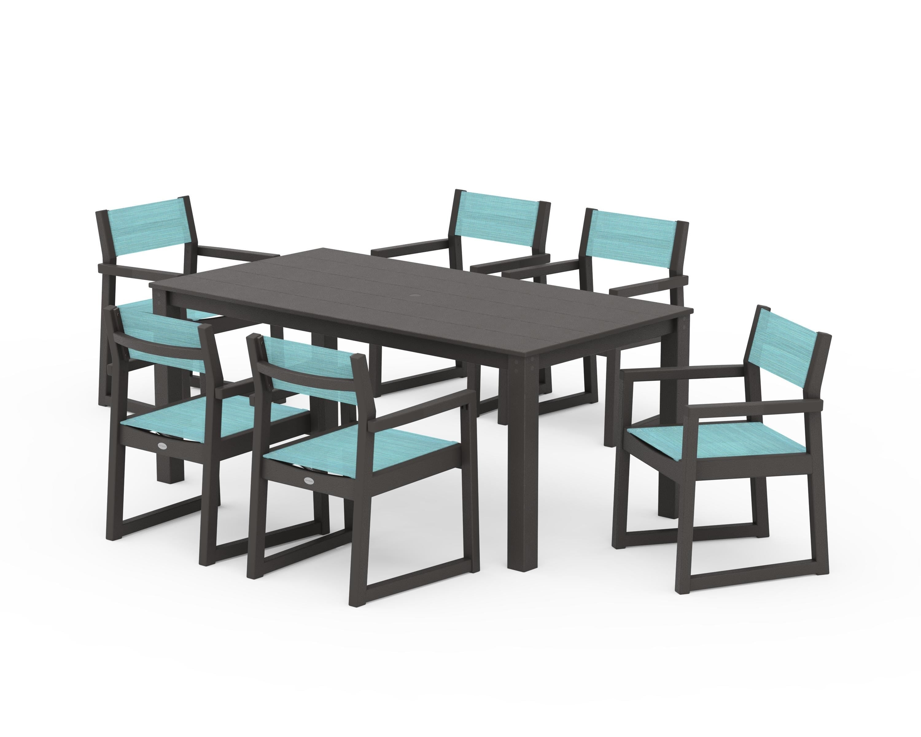 POLYWOOD EDGE Sling Arm Chair 7-Piece Parsons Dining Set in Vintage Coffee / Dupioni Aquamarine Sling