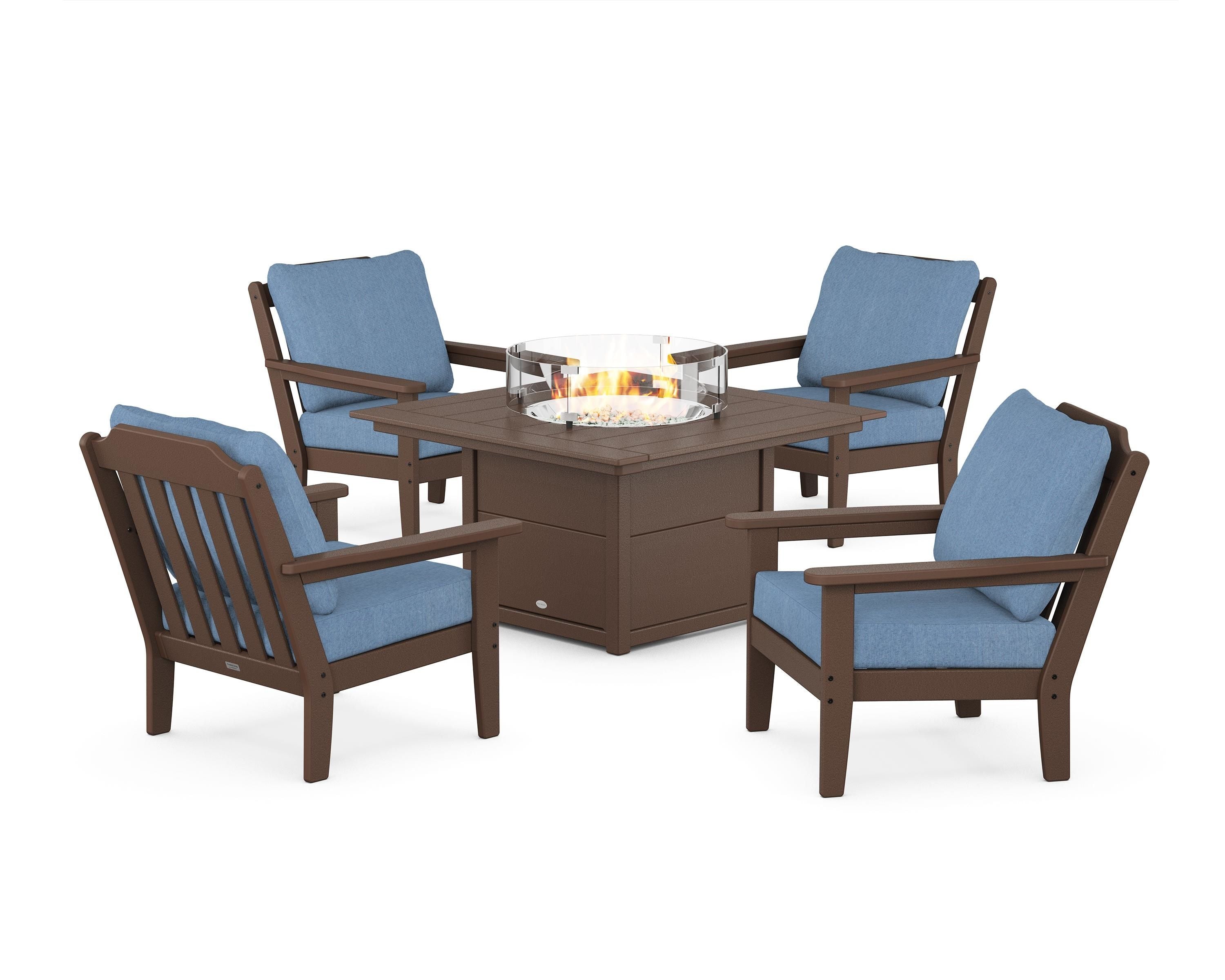 Country Living Cottage 5-Piece Deep Seating Set with Fire Pit Table in Mahogany / Sky Blue