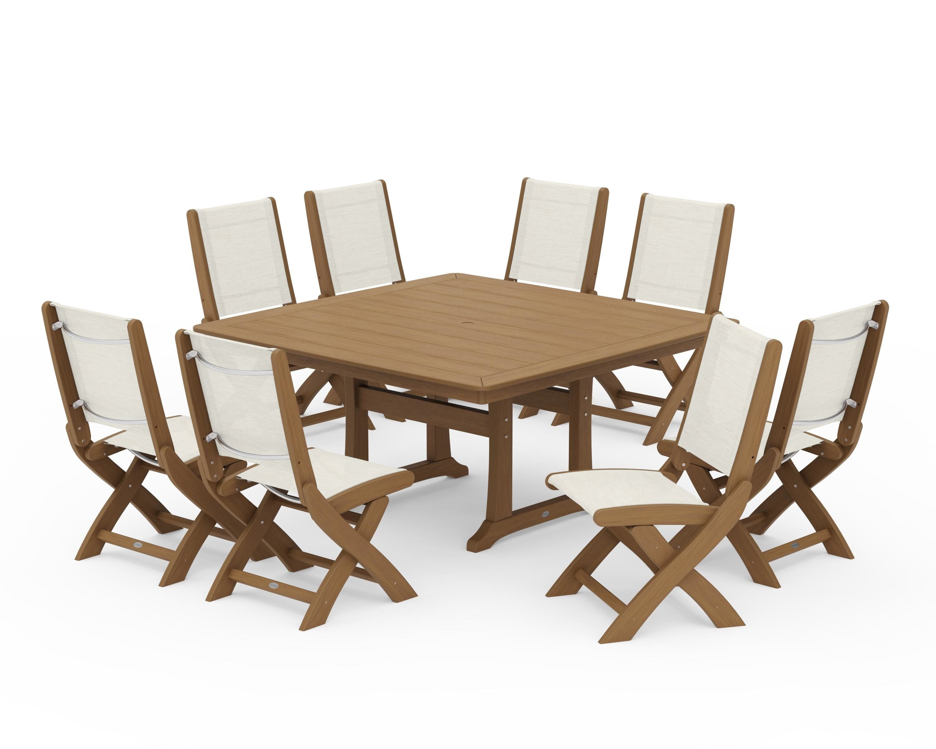 POLYWOOD Coastal Folding Side Chair 9-Piece Dining Set with Trestle Legs in Natural / Parchment Sling