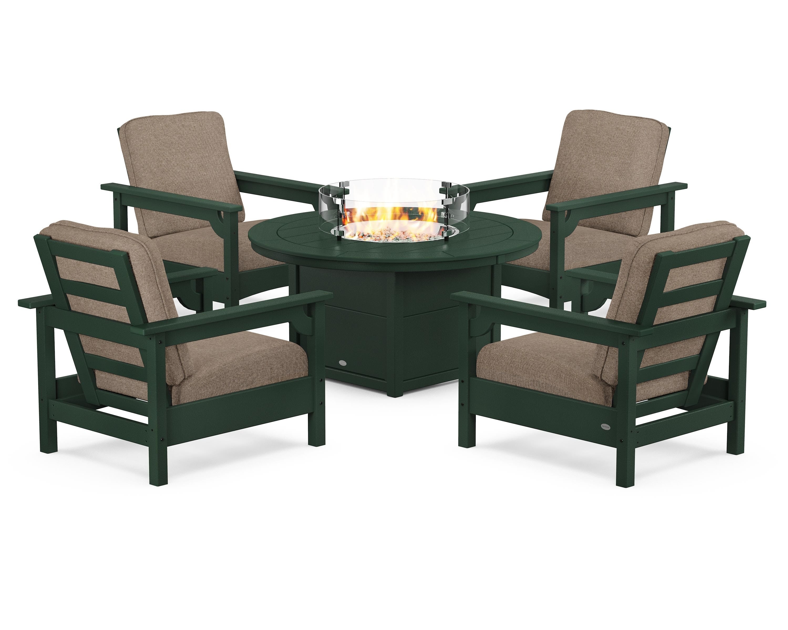 POLYWOOD Club 5-Piece Conversation Set with Fire Pit Table in Green / Spiced Burlap