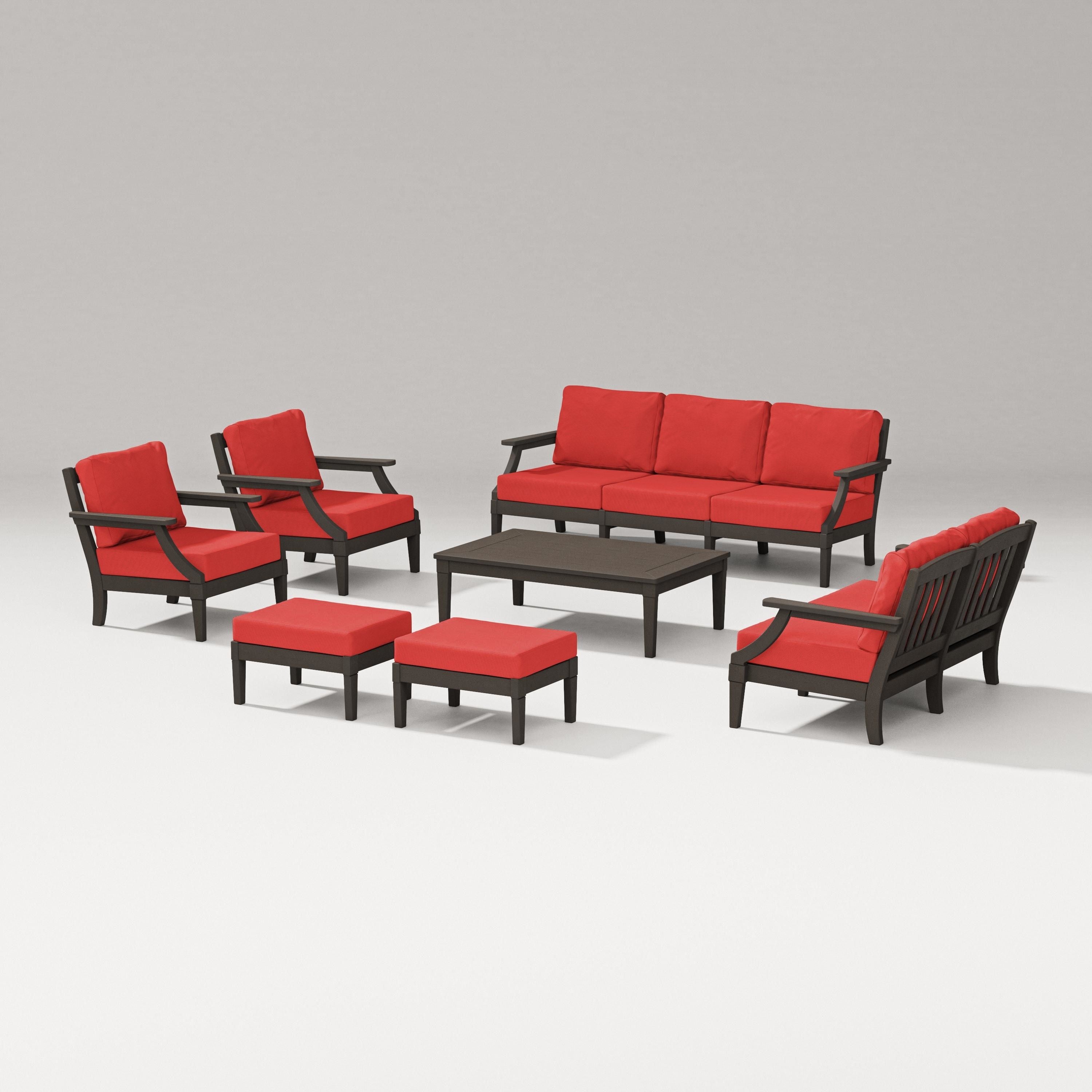 PW Designer Series Estate 7-Piece Lounge Sofa Set in Vintage Coffee / Crimson Linen